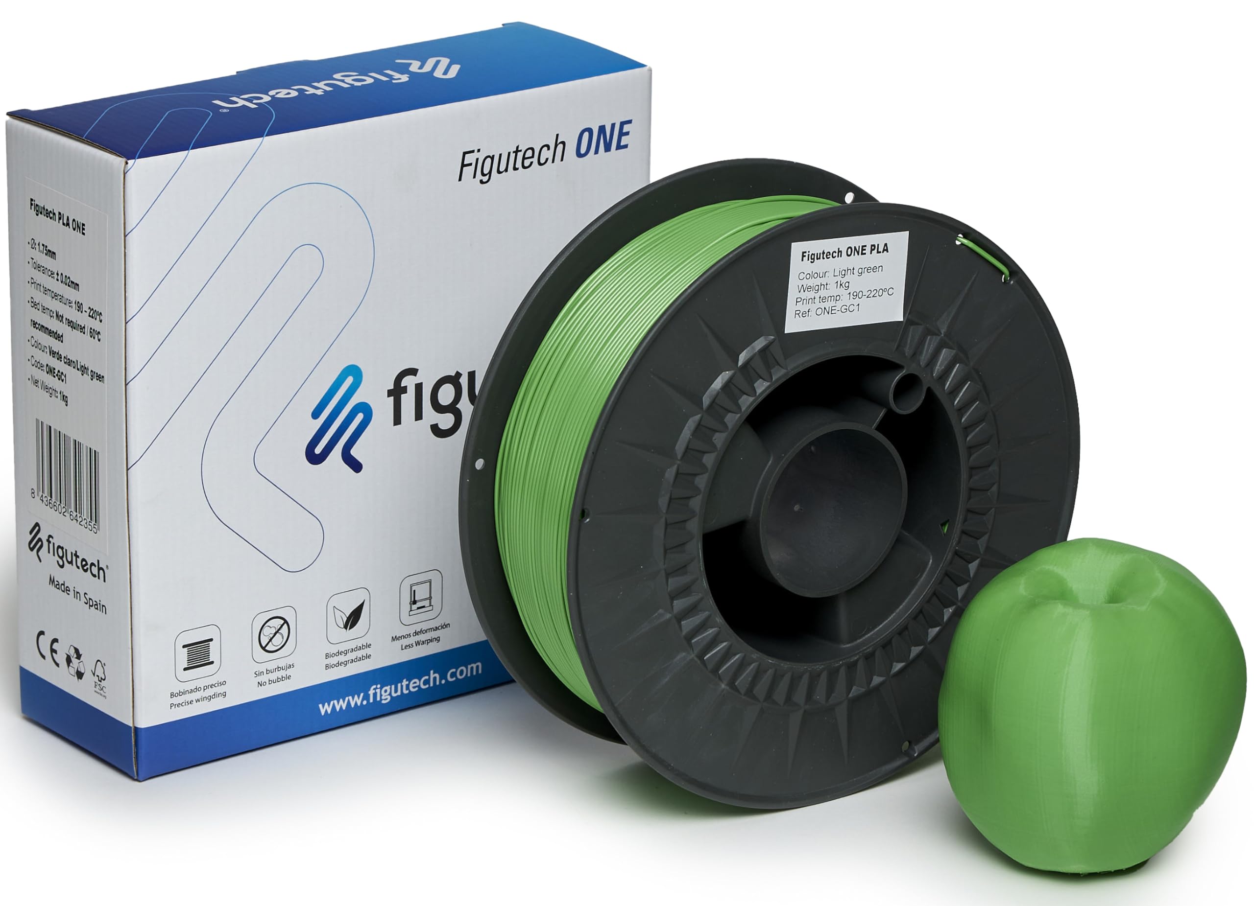 Filament PLA 1,75 mm 1 kg jasnozielony, filament 3D figutech ONE, dokładność +/- 0,02 mm, PLA zoptymalizowany do drukarki 3D, wysoka przyczepność i wytrzymałość, poprawiona płynność