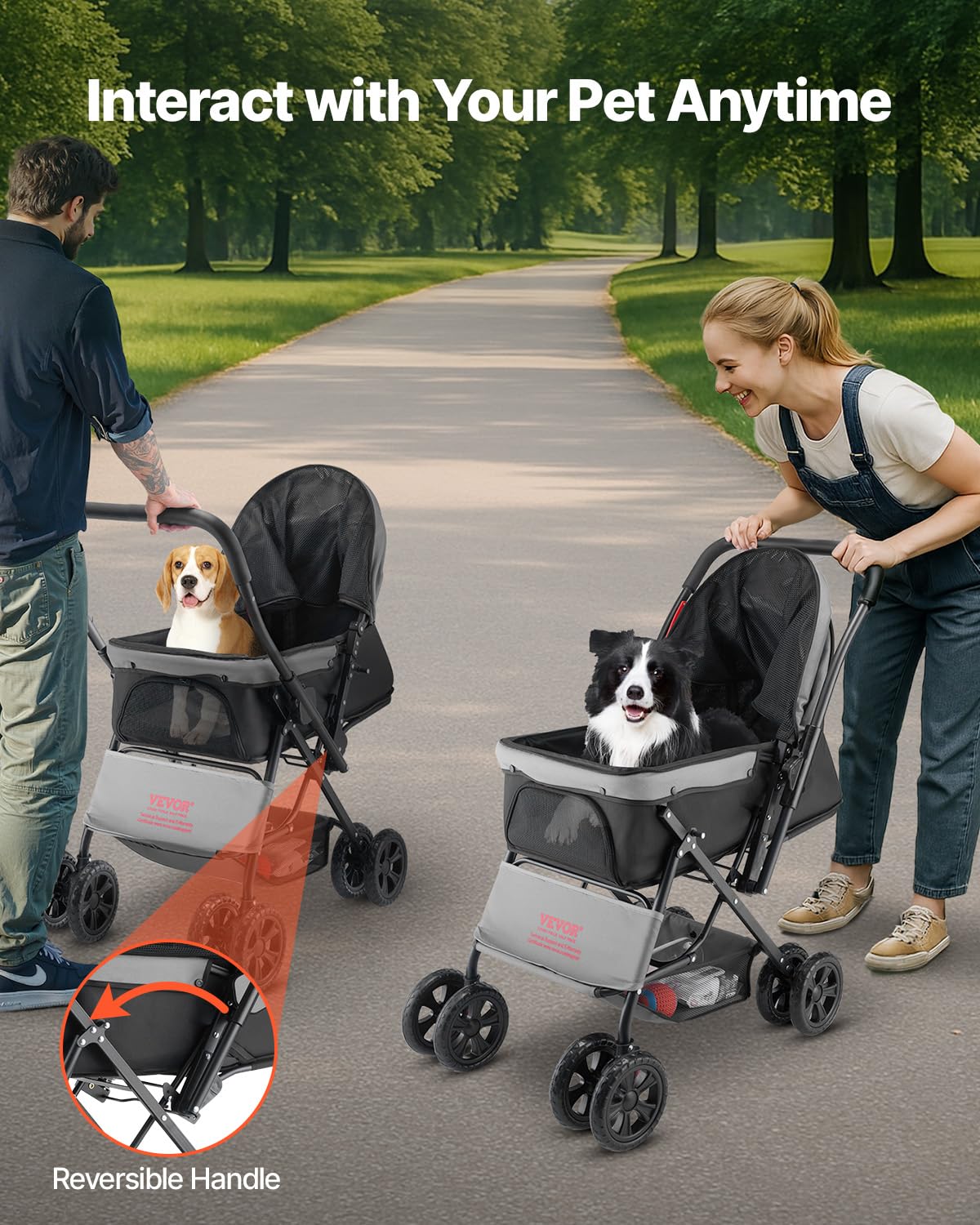 VEVOR Poussette pour Chien Animaux de Compagnie Pliable, Charge 20 kg, avec 4 Roues et Freins Arrière, Fenêtres en Maille, Poignée Réversible, pour Chats, Animaux de Compagnie Taille Petite Moyenne