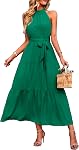 PRETTYGARDEN Women's Summer Floral Maxi Sun Dress Sleeveless Halter Neck Flowy Ruffle Hem Long Boho Dresses with Belt