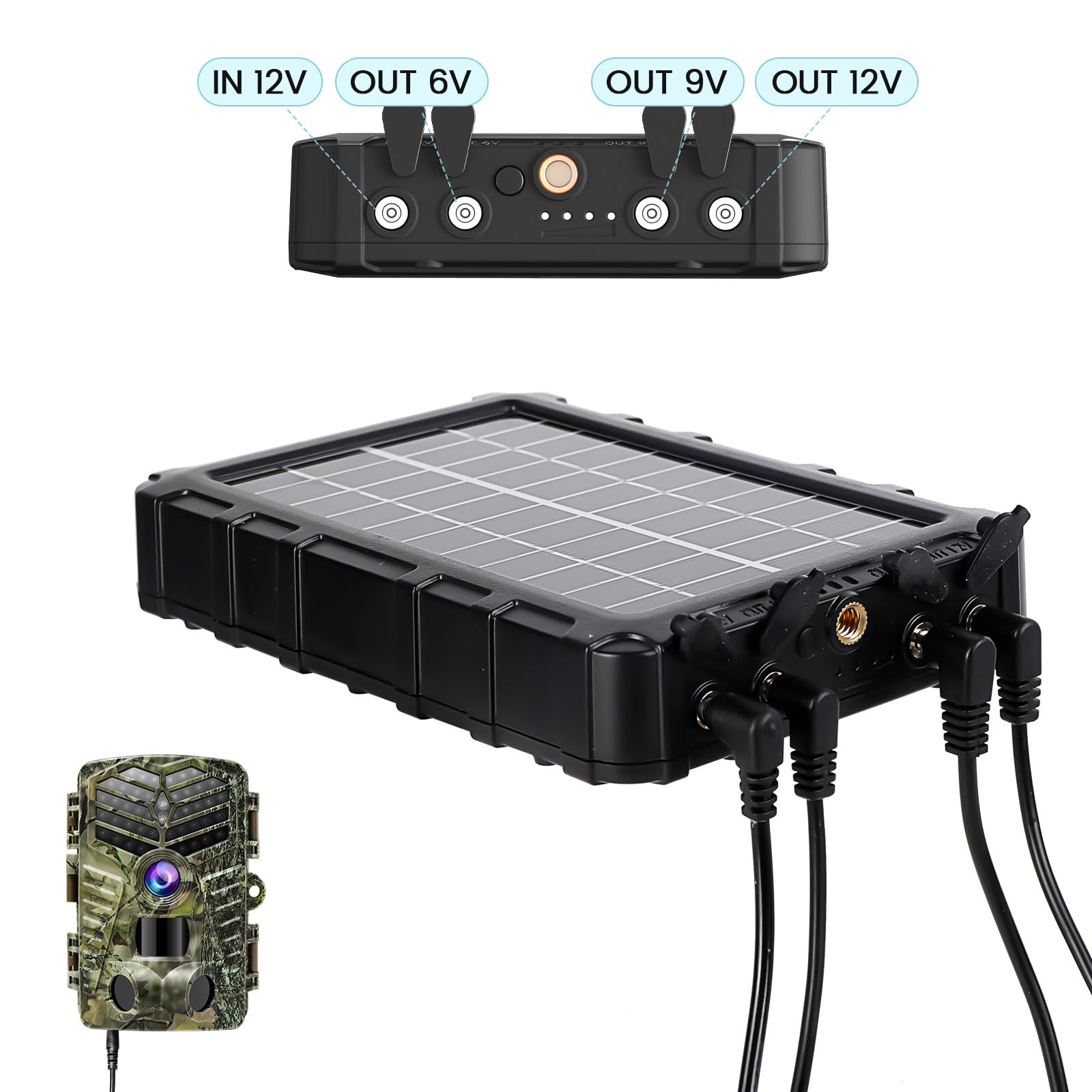 XTU Pannello Solare per Fototrappola, DC 6V-12V 1,5A con spina di alimentazione da 3,5 mm x 1,35 mm, Batteria Ricaricabile Integrata 2200 mAh IP66 Impermeabile, Accessori per Fototrappola