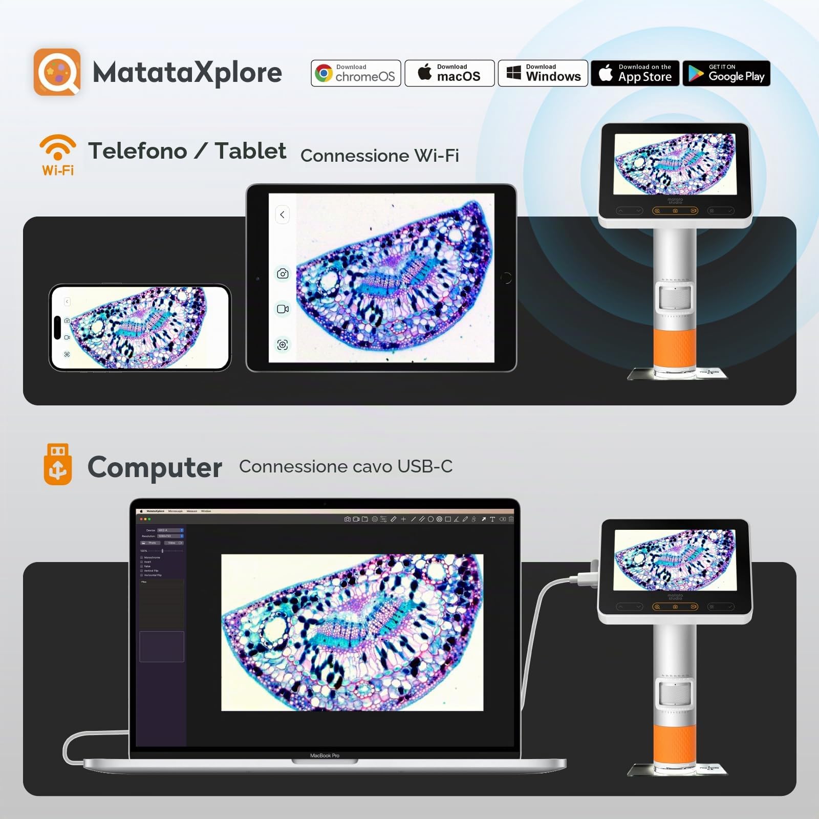 MX2-A Microscopio portatile per bambini, microscopio digitale portatile 100-1600X con schermo LCD da 4,3" 1080p, MatataStudio Wireless USB, microscopi educativi per bambini e adulti