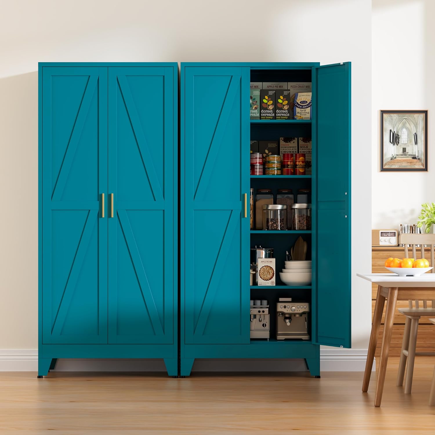 71" Tall Metal Pantry Cabinet, Kitchen Storage Cabinet with 2 Doors and 4 Adjustable Shelves for Kitchen, Living Room, Dining Room, Bathroom and Home, Office (White, 71" H)