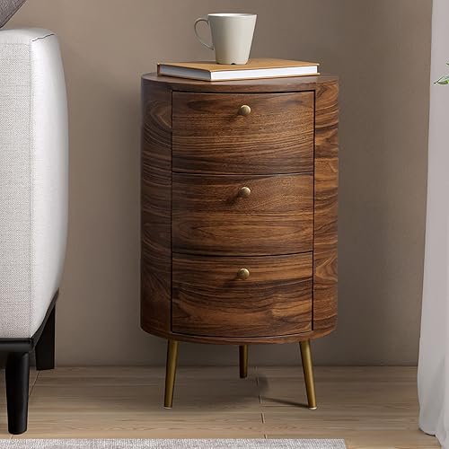 Miniatura 8 de HULALA HOME Mesa auxiliar redonda con 3 cajones de almacenamiento mesa auxiliar pequeña moderna de mediados de siglo con patas de metal mesa