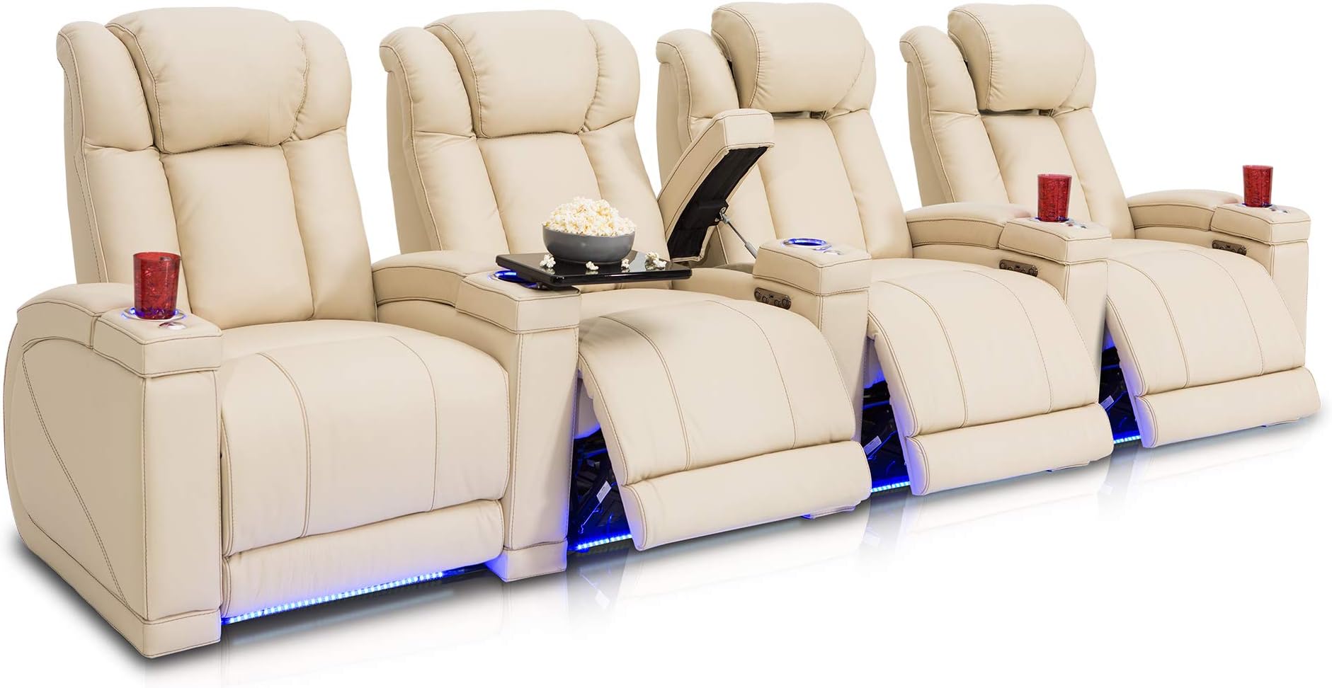 Seatcraft Sierra Home Theater Seating Leather Power Recline, Adjustable Powered Headrests, Hidden in-Arm Storage, USB Charging, Lighted Cup Holders and Base, Row of 4, Cream