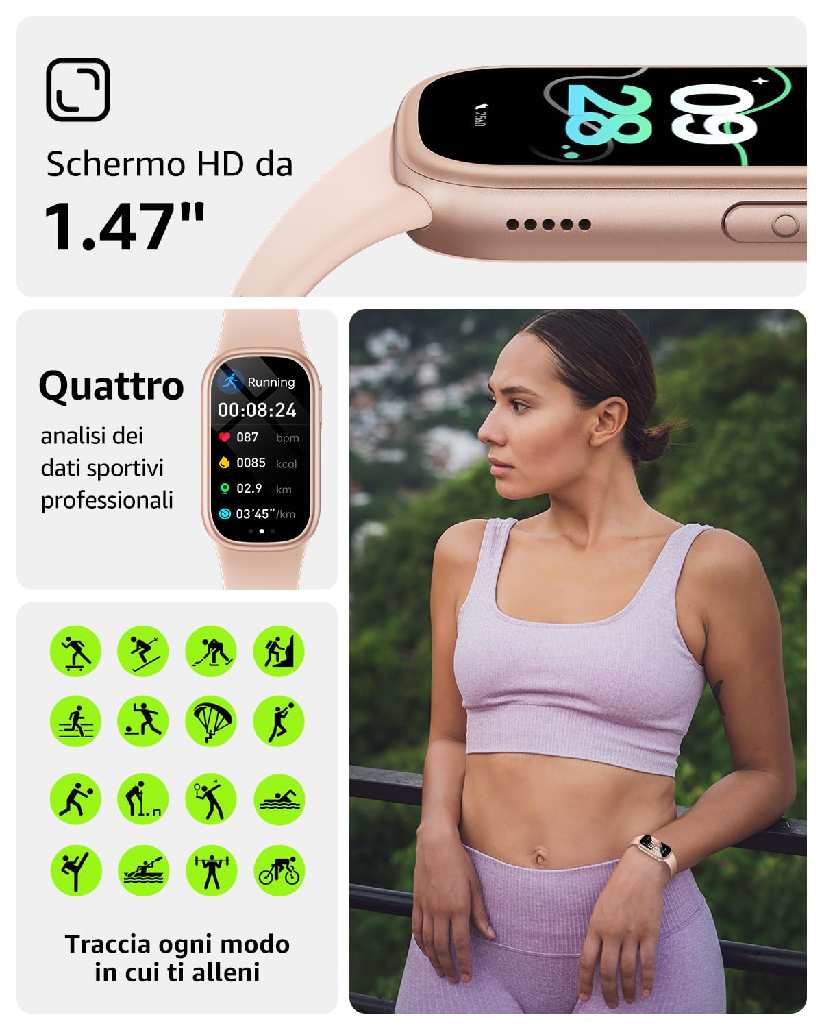 Asmoda Smartband, 1.47" Orologio Smartwatch Uomo Donna con Contapassi/Sonno/Cardiofrequenzimetro, 130 modalità Sportive Smart Band, Impermeabil IP68 Smart Watch per Android iOS