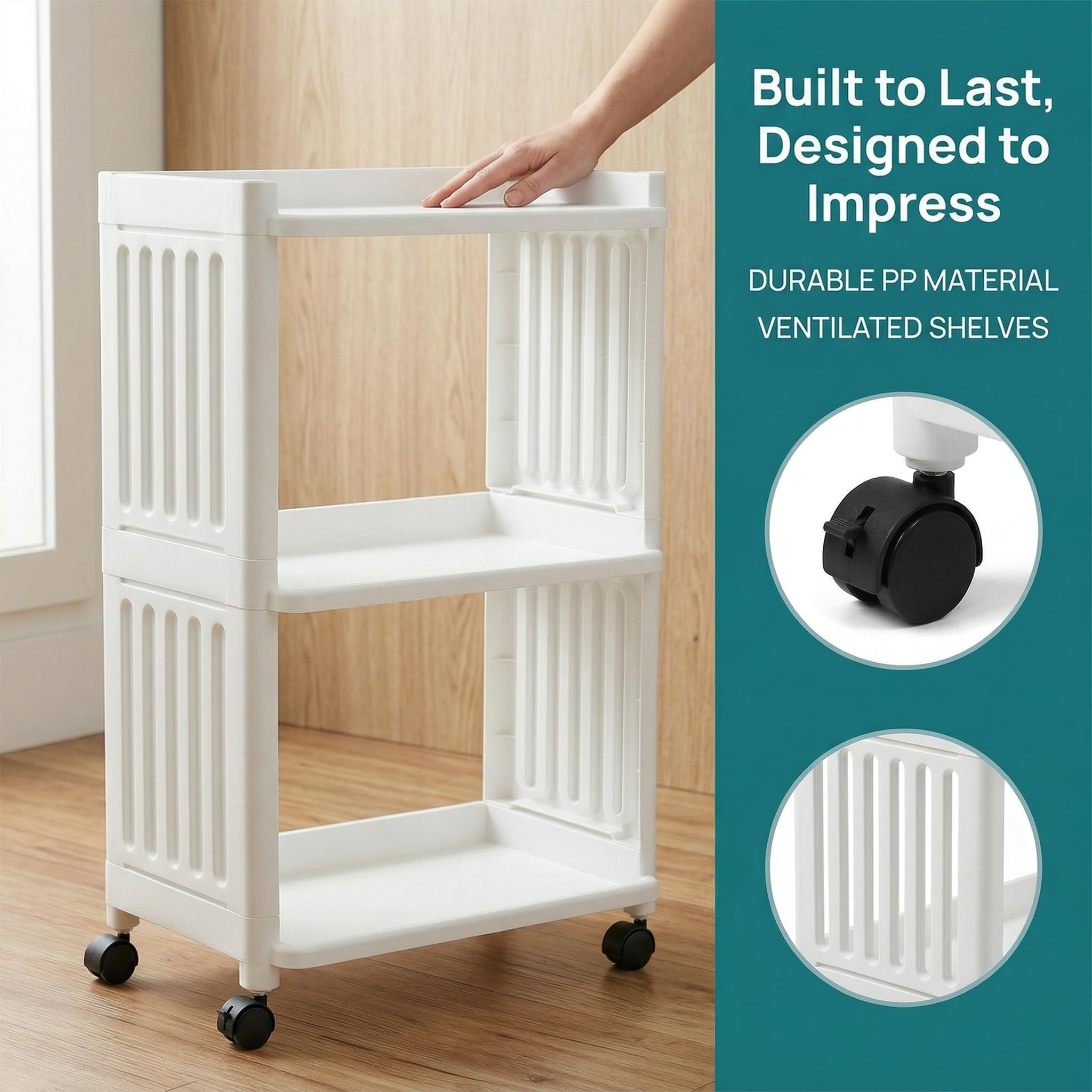 Carrello per fai da te, a 3 ripiani, in plastica, con 4 ruote, per bagno, cucina, bagno, soggiorno, ufficio, leggero, colore: bianco