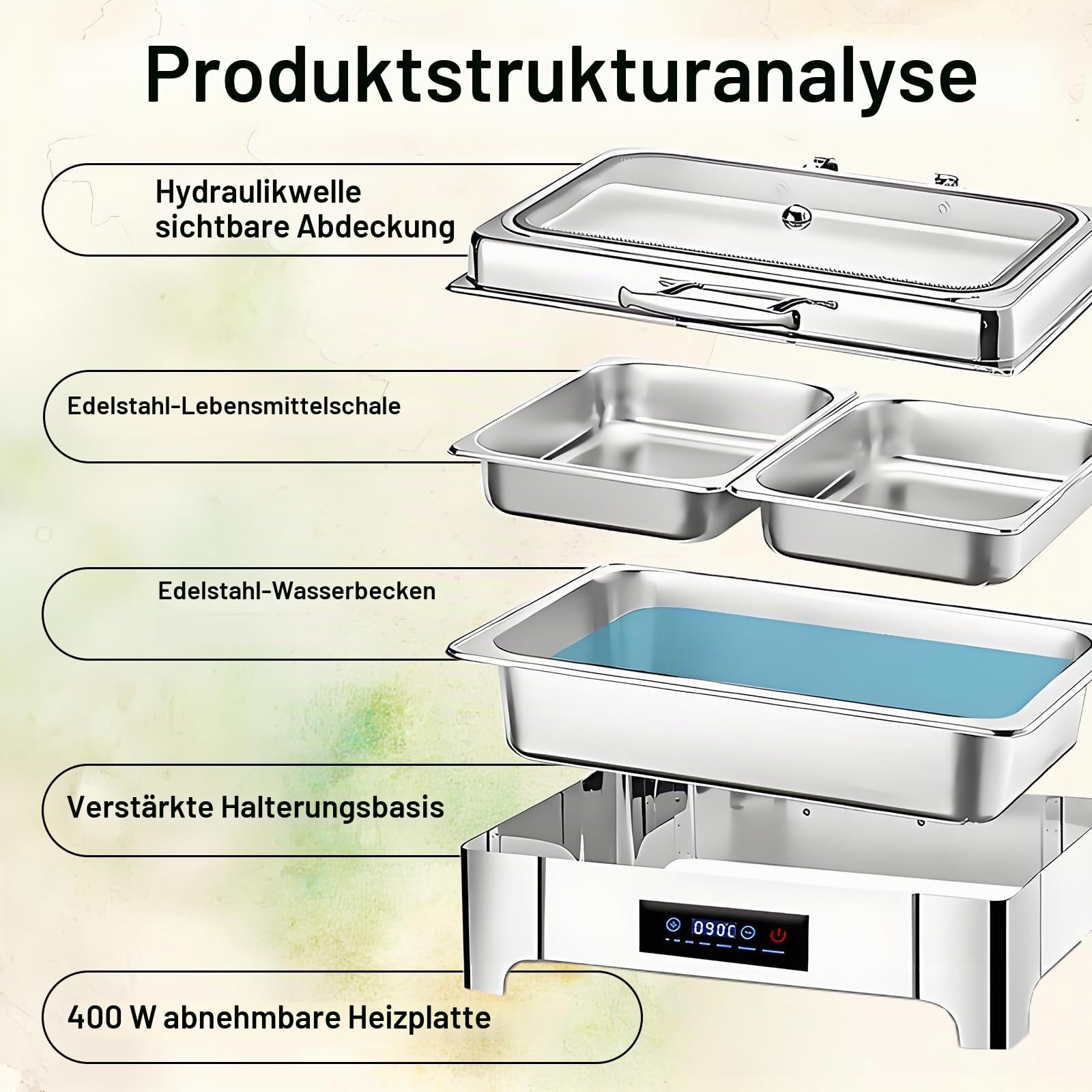 Elektrischer Chafing Dish Glasdeckel, 9L Edelstahl(1/3 Pan) | Speisewärmer Buffetwärmer Elektrisch Einstellbarer Temperatur, Warmhaltebehälter Essen Elektrisch mit Abnehmbarer Heizplatte