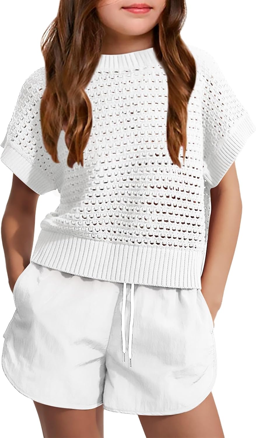 Haloumoning Girls Short Sleeve T Shirt Crewneck Knit Crop Top Hollow Out Pullovers Sweater 5-14 Years