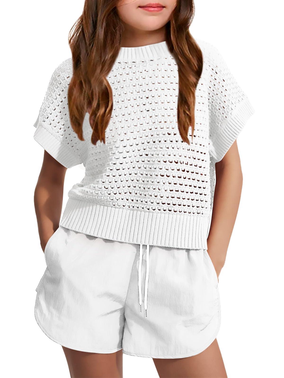 Haloumoning Girls Short Sleeve T Shirt Crewneck Knit Crop Top Hollow Out Pullovers Sweater 5-14 Years