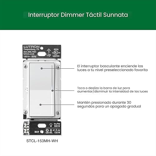 Miniatura 9 de Lutron Sunnata STCL-153MW-WH, interruptor de luz con atenuación táctil con placa de pared, tecnología avanzada LED+ para LED e incandescente, 3