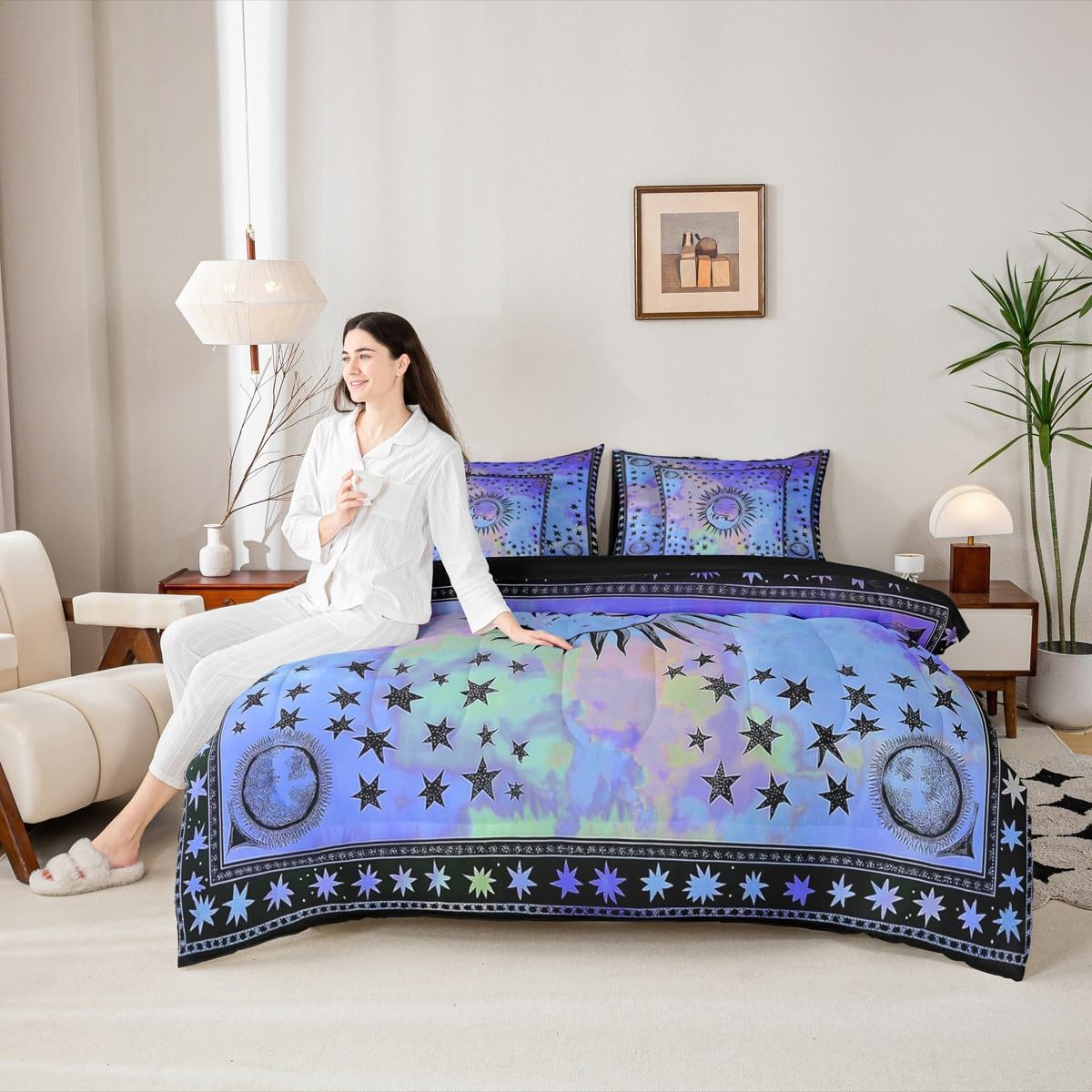 Erosebridal The Sun and Moon Bed in a Bag Queen Comforter Set 7 Piece,Exotic Bohemian Bedding Sets Watercolor Tie Dye Comforter and Sheet Set,Boho Stars Starry Sky Room Decor