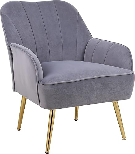 Miniatura 9 de SSLine Silla decorativa de terciopelo, moderna silla tapizada con patas de metal dorado, acolchada gruesa, silla de invitados, silla de tocador,