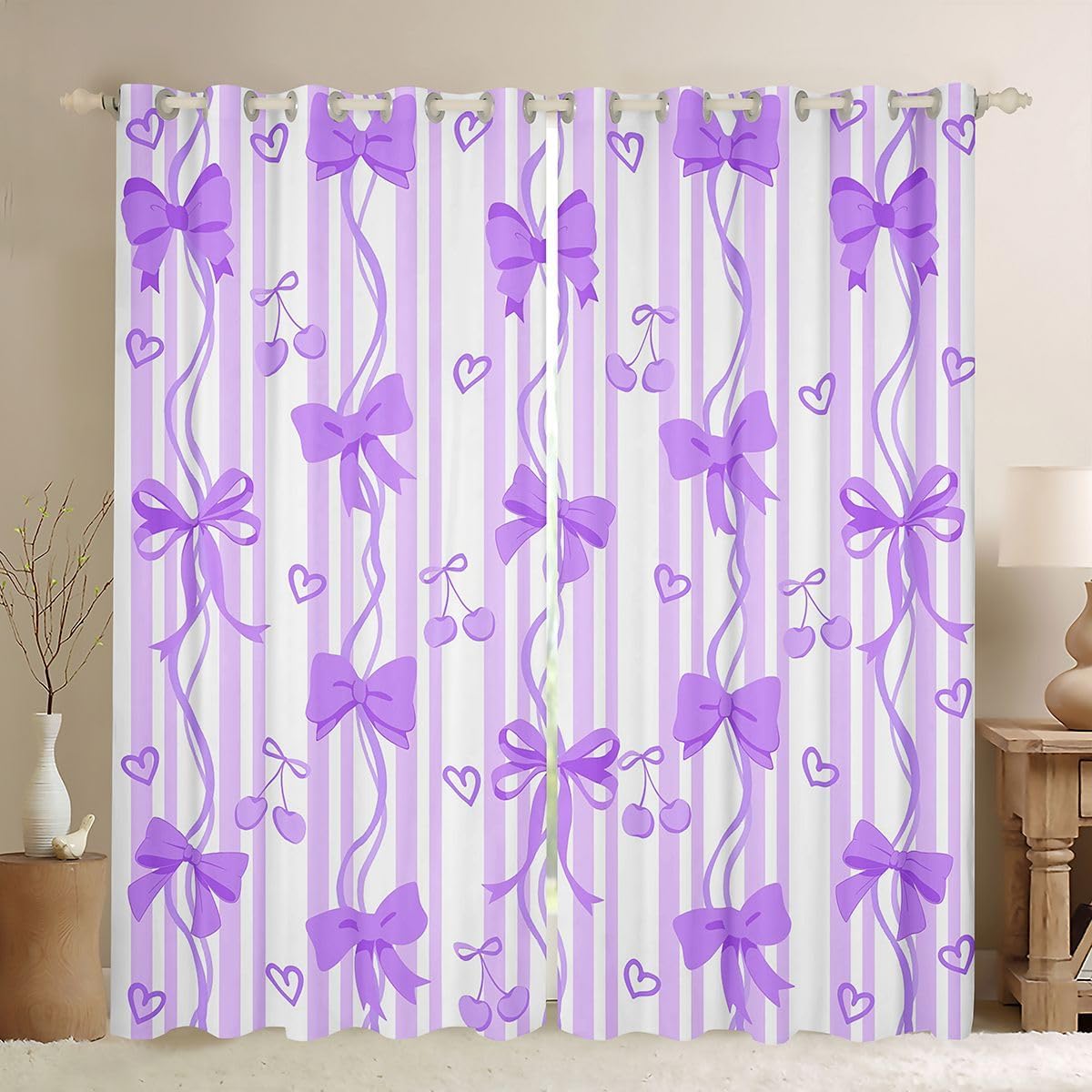 Feelyou Purple Bowknot Blackout Curtains Stripes Printed Darkening Drapes for Bedroom Living Room Decor Cute Cherry Thermal Insulated Shades Window Treatments, 2 Panels 52 x 63 Inch