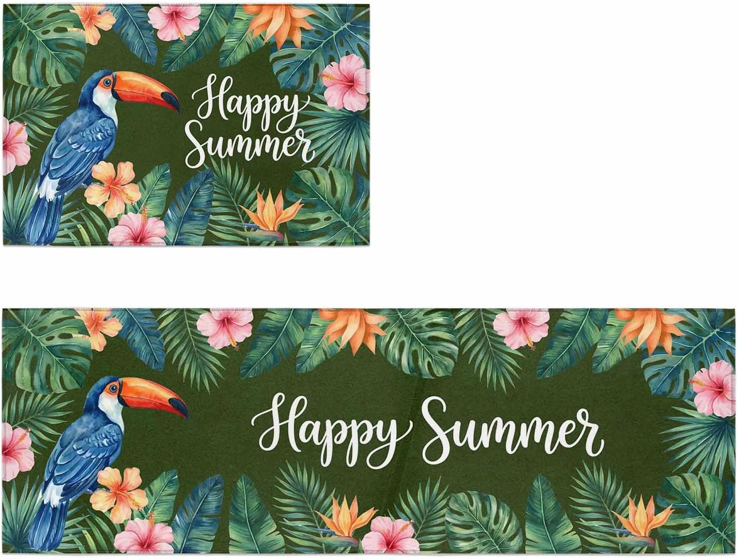 Kitchen Mats for Floor Summer Flower Monstera Leaf Washable Non Slip Kitchen Rugs 2PCS, Tropical Blossom Floral Leaves Absorbent Standing Mats for Sink Office Living Room 15.7x23.6in+15.7x47.2in