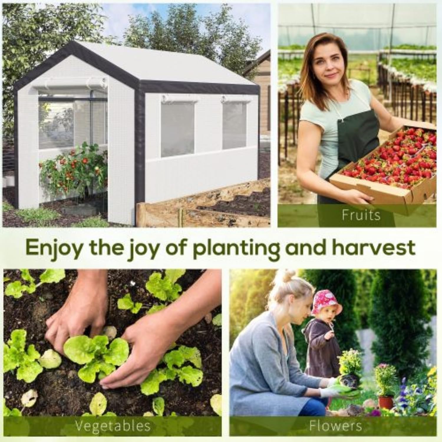10' X 7' X 7' Walk-in Greenhouse, Grow Shed, Double Layer 140 GSM PE Cover with 4 Roll-up Windows, 2 Zipper Doors and Weatherproof Cover for Flowers, Vegetables, White