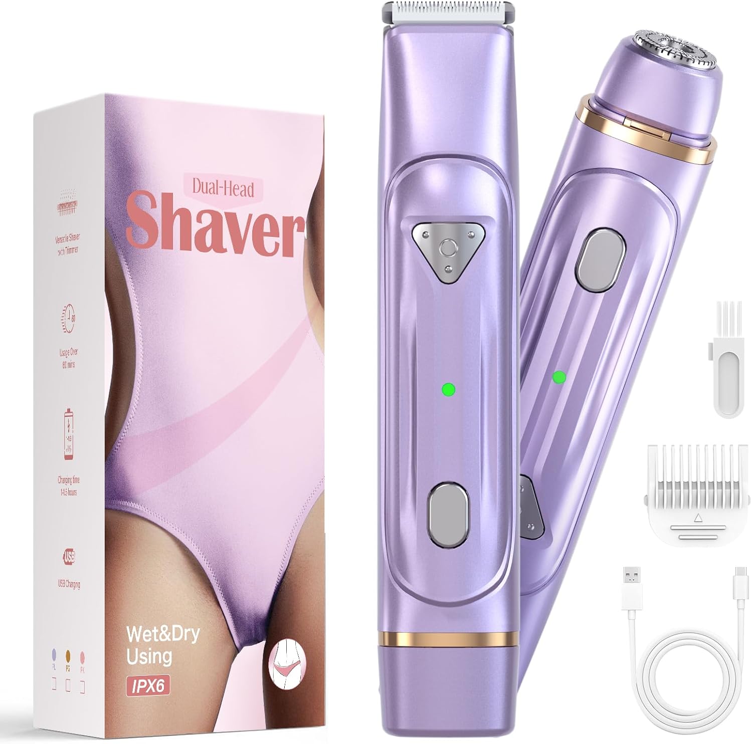 2-in-1 Electric Bikini Trimmer for Women, Dual-Head, IPX6 Waterproof, USB Rechargeable (Purple)
