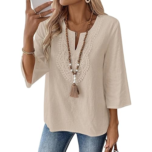 Linen Shirts for Women Embroidered Blouses Dressy Casual V Neck 3/4 Sleeve Boho Tops Spring Outfits Vacation Clothes