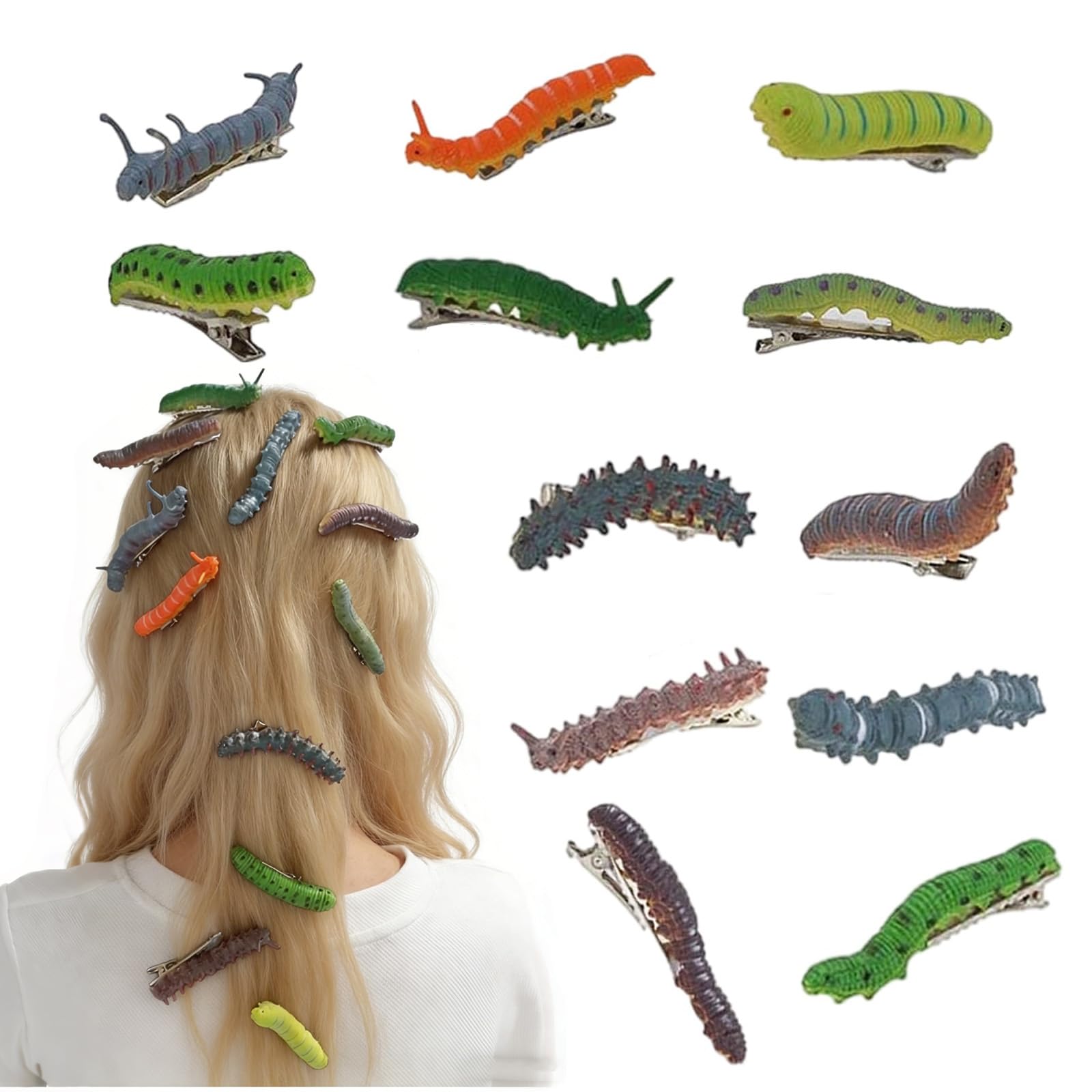 Photo 1 of 12Pcs Funny Bug Hair Clips Caterpillar Hair Clips, Ladybug Hair Accessories for Women Creepy Crawler Duckbill Clips for Easter Basket Stuffers 3D Reptile Headpiece