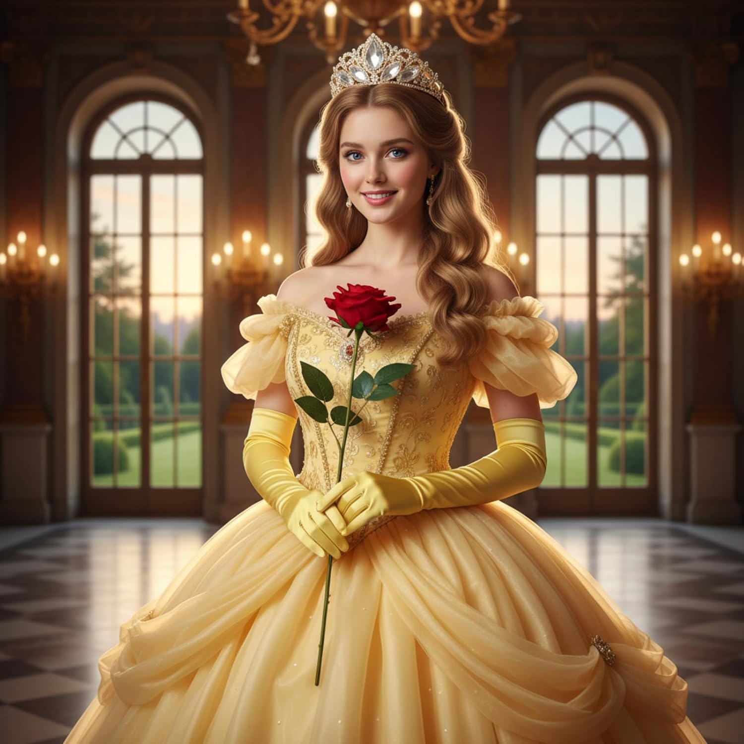 Preboun Princess Costume Accessories for Women, Gold Crown Yellow Long Gloves Rose Flower Kit for Halloween Cosplay Birthday