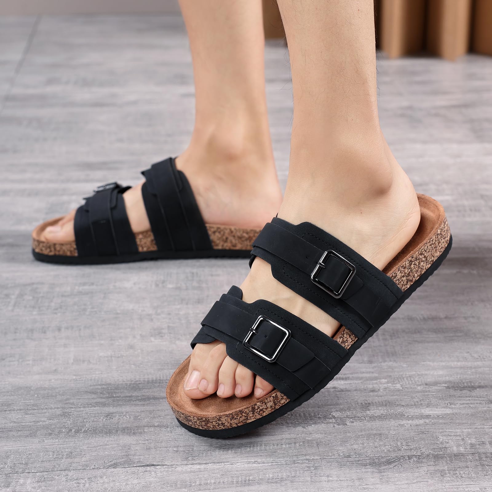 ARRIGO BELLO Mules Hombre Sandalias de Cuero Punta Abierta Hebillas Ajustables Zapatillas de Corcho Cómodas Antideslizantes EU41-46