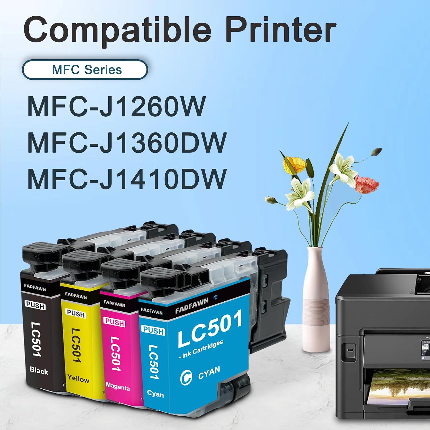 LC5014PK 4-Pack (1 Each of) LC501 Ink Cartridges Black, Cyan, Magenta, and Yellow Ink Cartridges - Replacement for Brother MFC-J1260W MFC-J1360DW MFC-J1410DW Printer