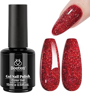 Beetles Glitter Red Gel Nail Polish - Wine Red Shimmer Gel Polish 1Pcs 0.5Oz 15ml Soak Off UV LED Long Lasting Glossy Manicure for Christmas Nail Art and DIY