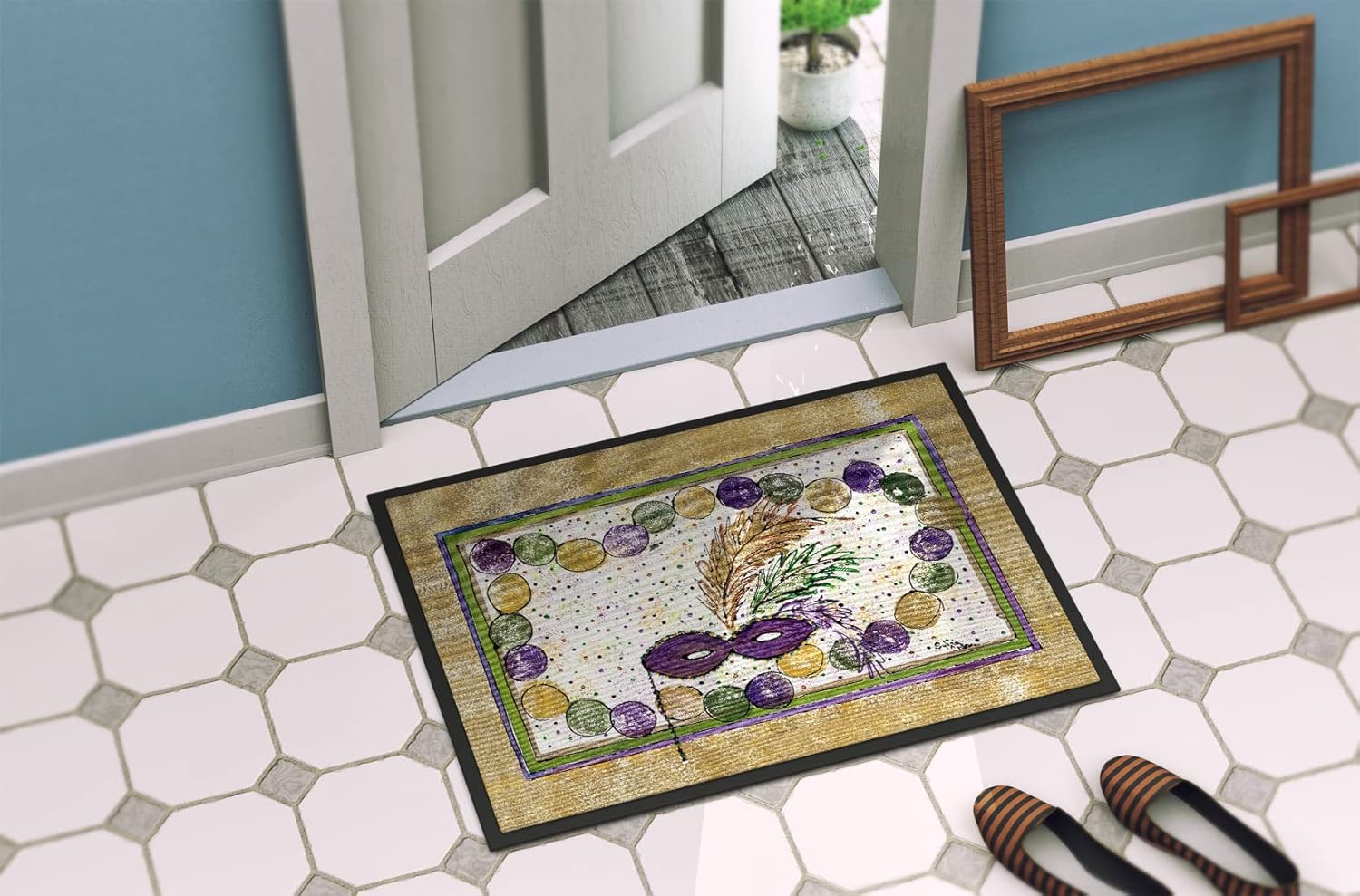 Caroline's Treasures 8059JMAT Mardi Gras Beads Doormat 24x36 Front Door Mat Indoor Outdoor Rugs for Entryway, Non Slip Washable Low Pile, 24H X 36W