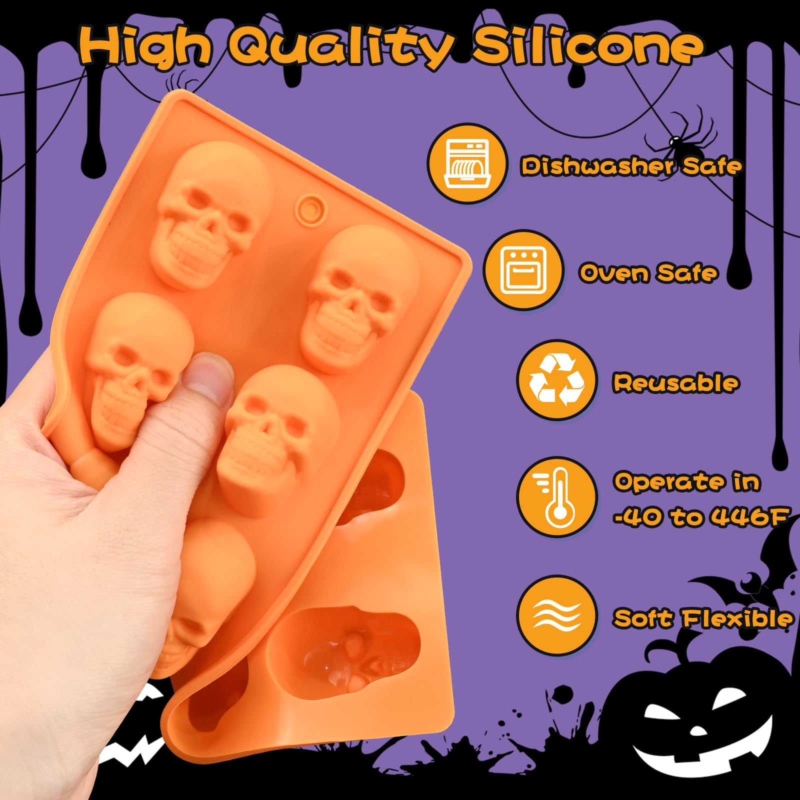 2 stampi in silicone a 10 cavità a forma di teschio, per cioccolatini, caramelle, gelatine, cubetti di ghiaccio, colata in resina, cupcake, decorazioni fai da te di Halloween
