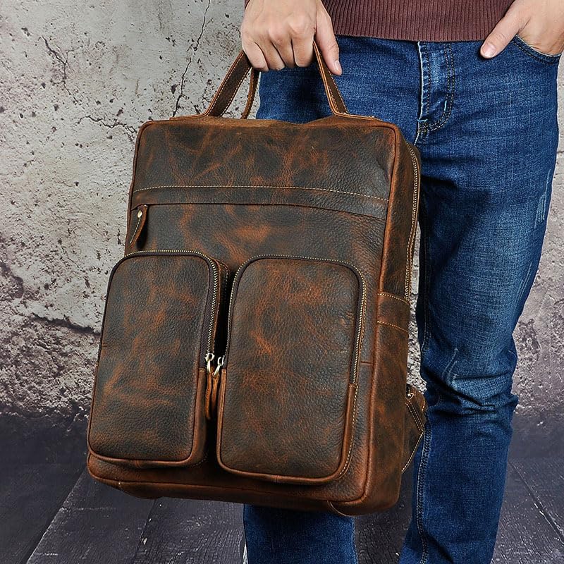 Retro Genuine Leather Backpack for Men Large Capacity Travel Computer Bag College School Backpack Gift Box (Coffee) - Image 3