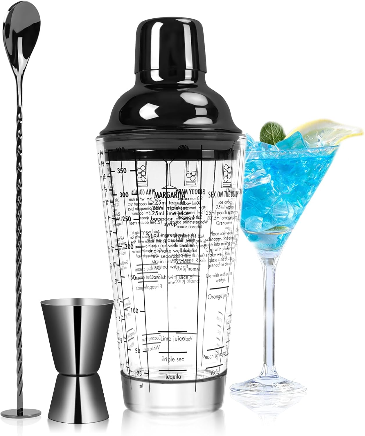 14oz Glass Cocktail Shaker Set, Margarita Mixer-Shaker with Built-in Strainer and Measuring Jigger & Mixing Spoon Set, Professional Bar Tool Kit for Beginners (Black)