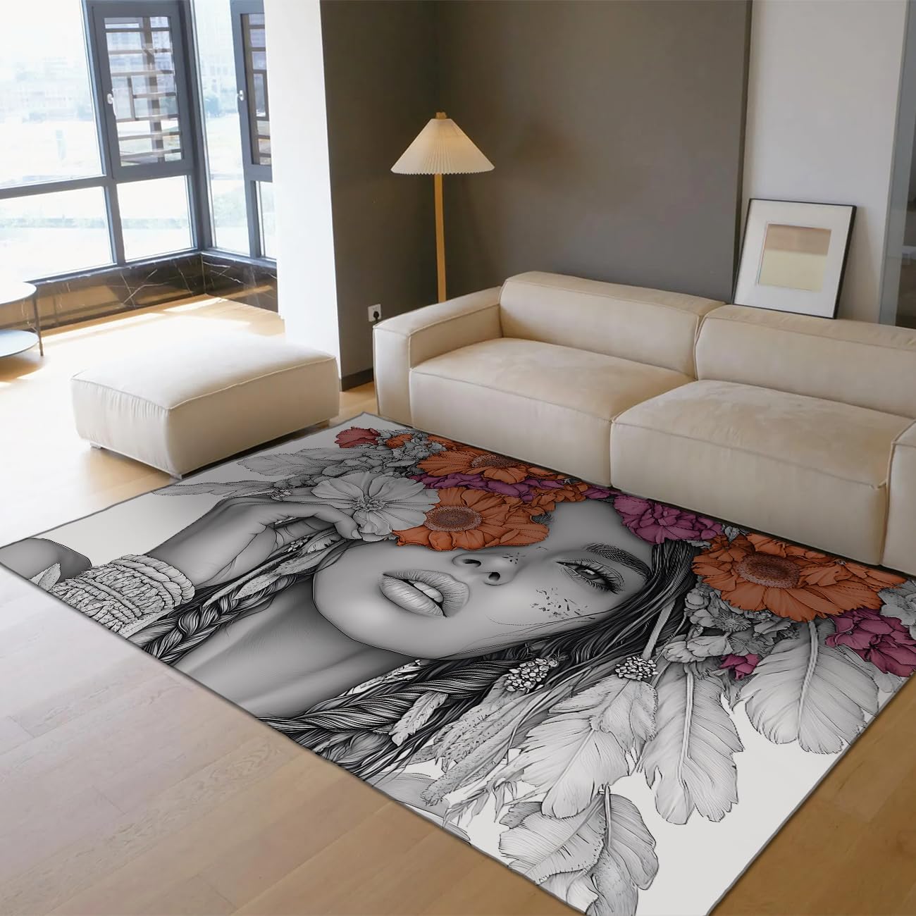 Tapis facile à nettoyer pour salon motif portrait bohème 80x150