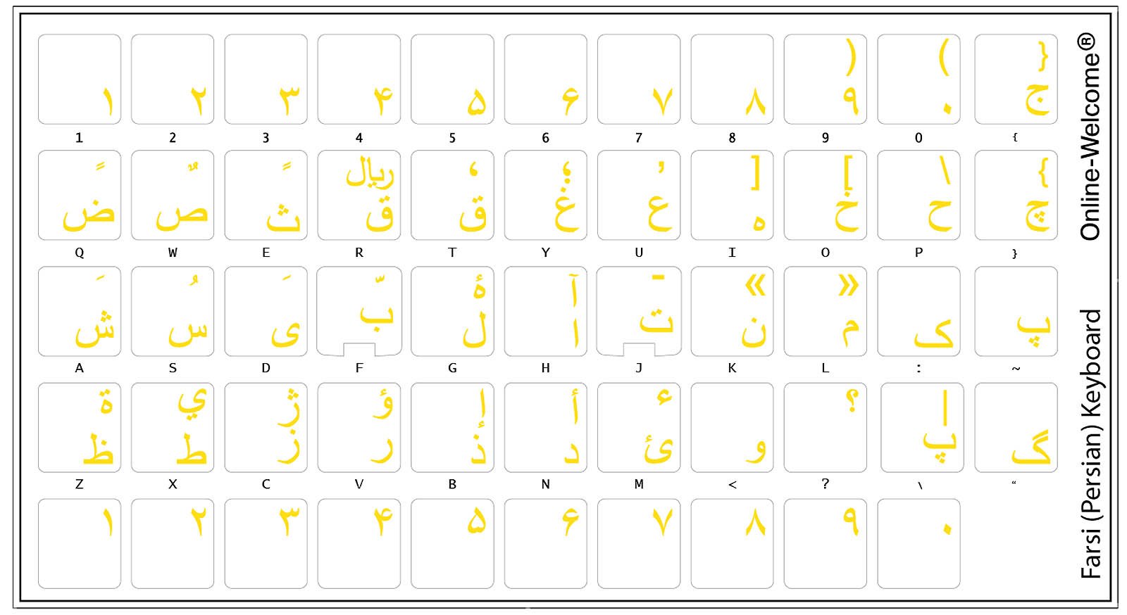 Farsi (Persian) Keyboard Stickers Transparent Yellow Letters for Any Pc Computer Laptop Desktop Keyboards