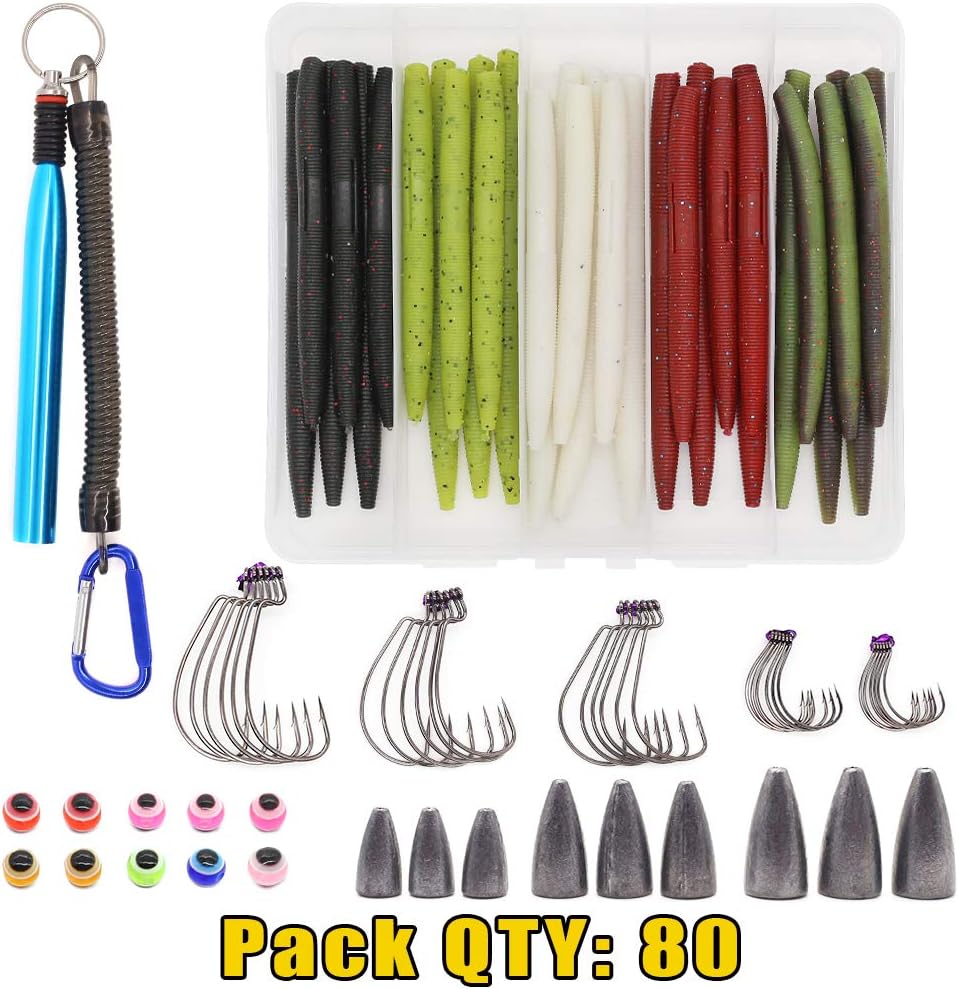 Wacky-Worms-Bass-Fishing-Lure-Kit-Wacky-Rig-Worms-Soft-Plastic-Stick-Baits3 4" 5" 6 inch