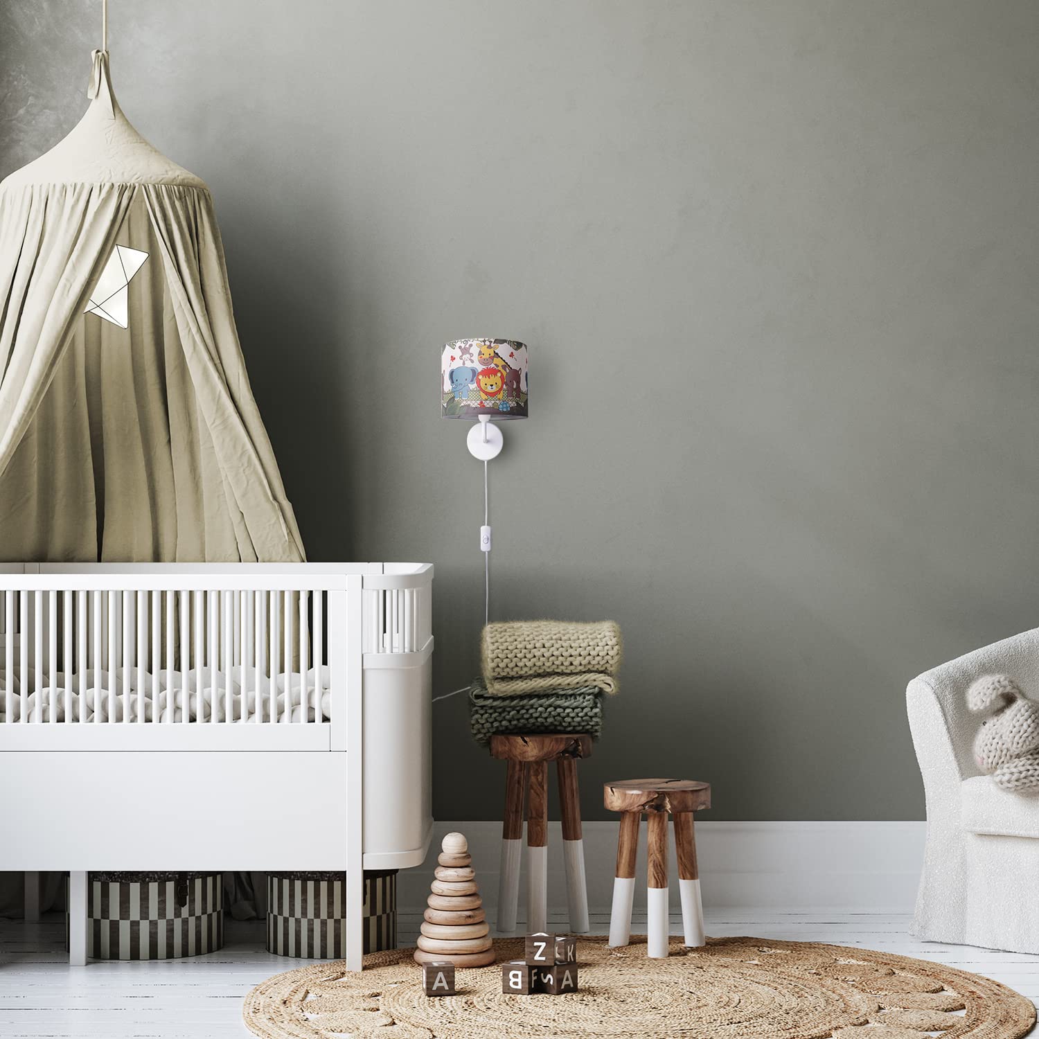 Paco Home Kinderzimmer Wandlampe Stoffschirm Wandleuchte Rund Dschungel Tiere Junge Mädchen E27 Zoo Mit Stecker Und Kabel