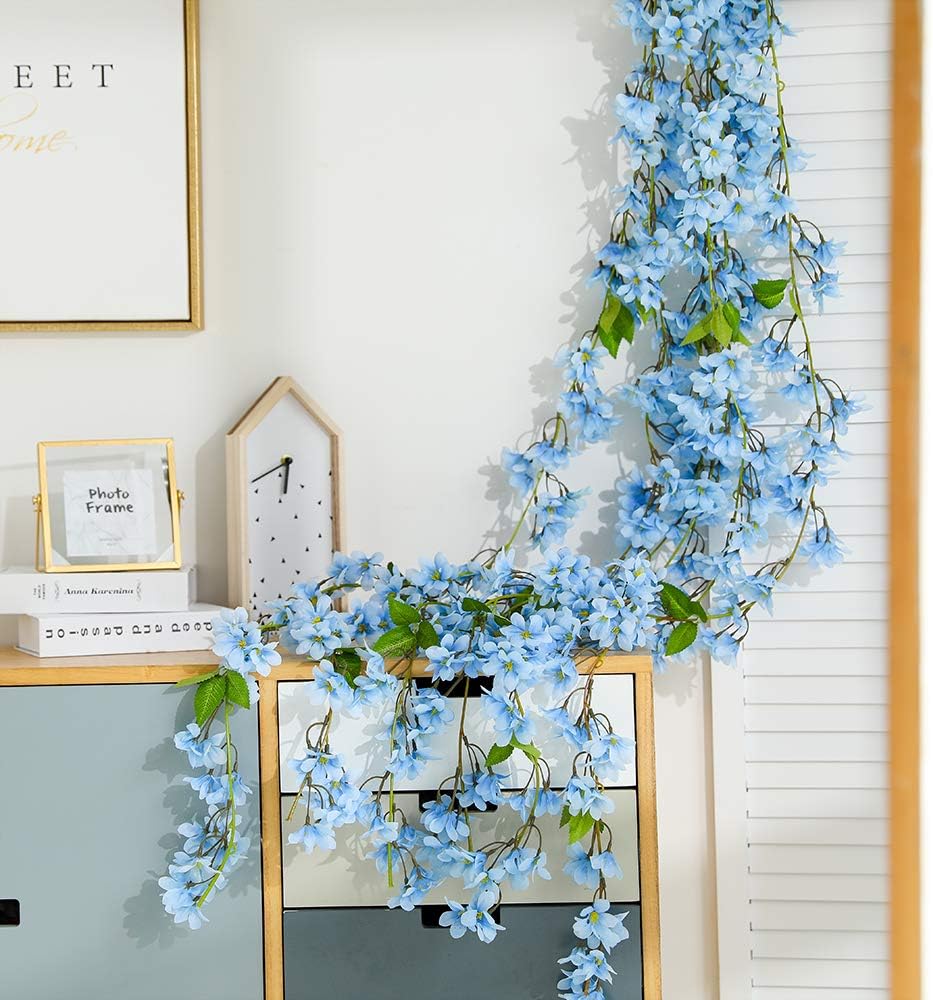 JUSTOYOU 2 x 5.7 ft Artificial Sakura Cherry Blossom Hanging Flowers Vine Fake Sakura Garland Home Garden Wedding Party Decoration (Blue)
