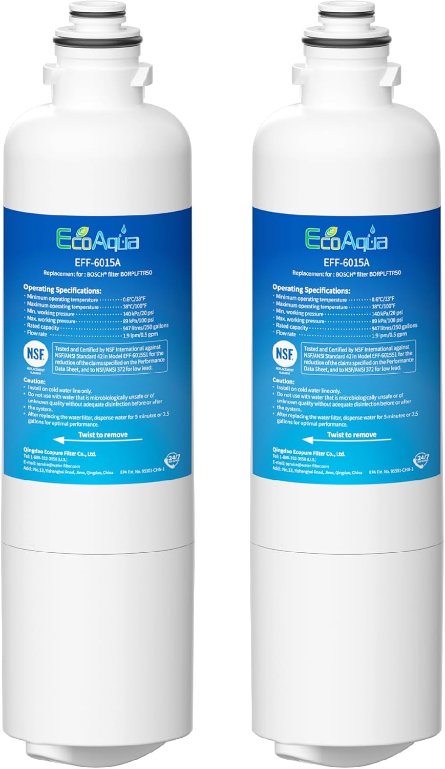 EcoAqua 11032531 Replacement for Bosch® Ultra Clarity® Pro BORPLFTR50, 12033030, 11025825, BORPLFTR55, B36CD50SNS, B36CT80SNS, B36CL80ENS, B36FD50SNS, WFC100MF, Refrigerator Water Filter, 2 Filters