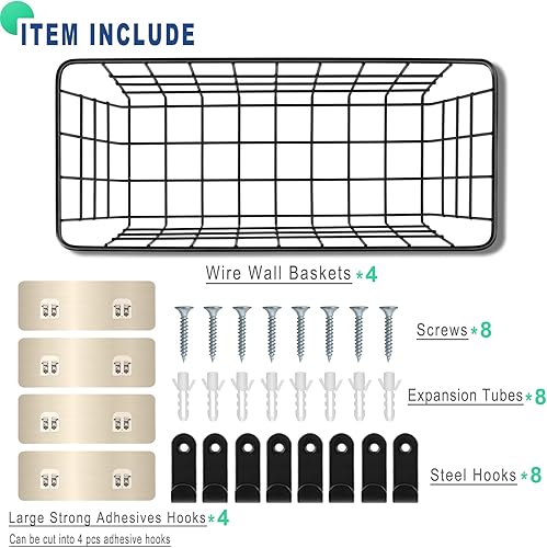 Miniatura 8 de Paquete de 2 cestas de almacenamiento de alambre para colgar en la pared, cesta adhesiva para organizador de puerta de armario, sin taladrar, cestas
