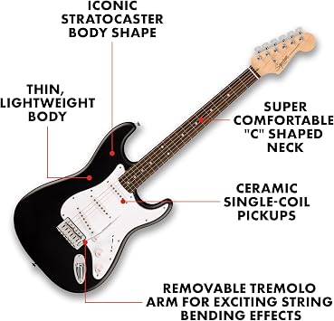 Squier by Fender Debut Stratocaster Beginner Electric Guitar Pack, Black
