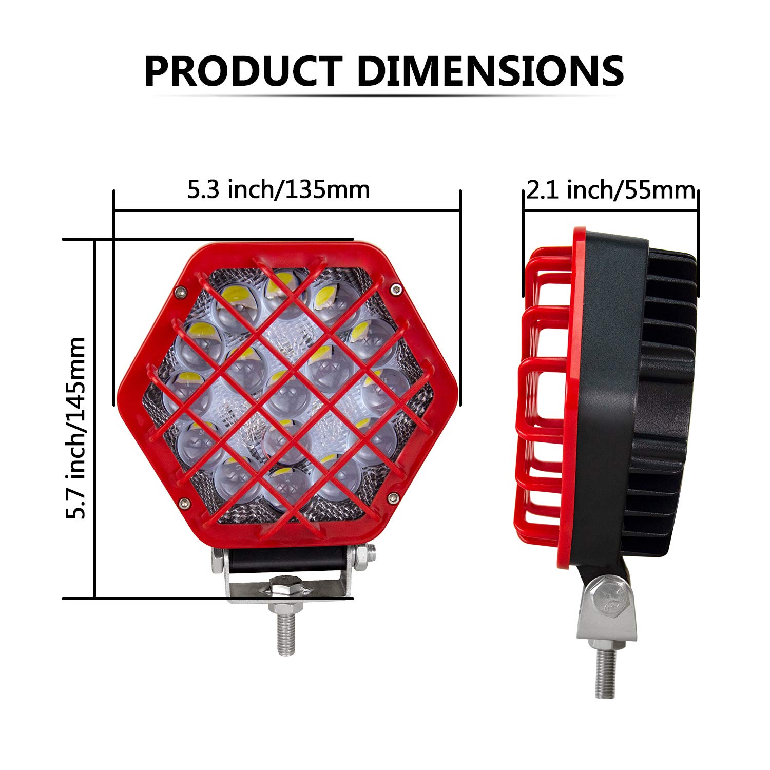 RIGIDON 4 szt. 12 cm 48 W kwadratowe czerwone światło robocze LED, wodoodporna wiązka punktowa 5D, 12 V 24 V lampa do samochodu terenowego łodzi ciężarówki 4 x 4 SUV ATV traktory koparka, 6000 K białe reflektory przeciwmgielne lampa