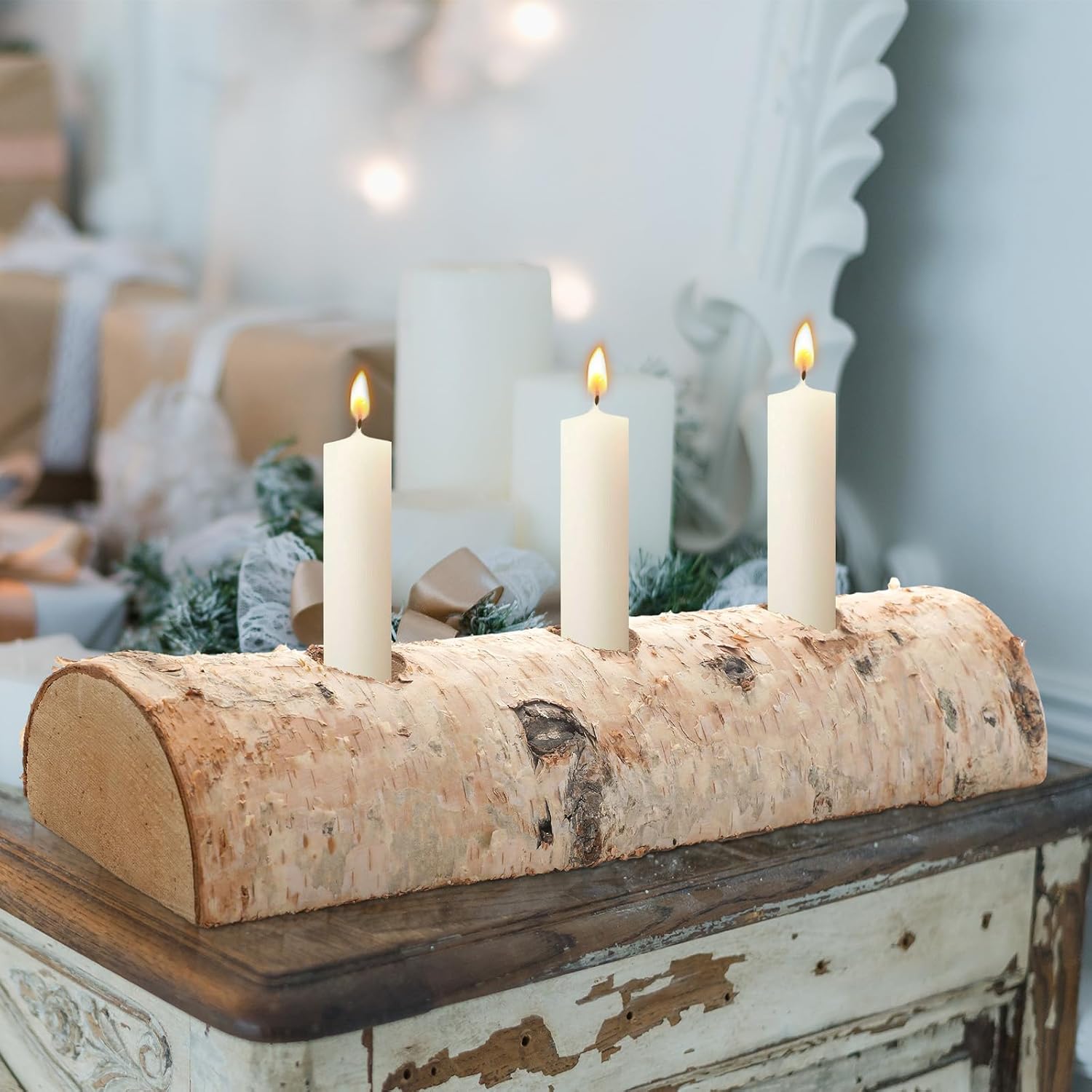 Roowest 3 Pcs Christmas Birch Wood Taper Candle Holder Decorative Birch Wood Fireplace Log for Mantel Fireplace Inside Decor Christmas Table Centerpieces Candleholder Indoor Outdoor Decor
