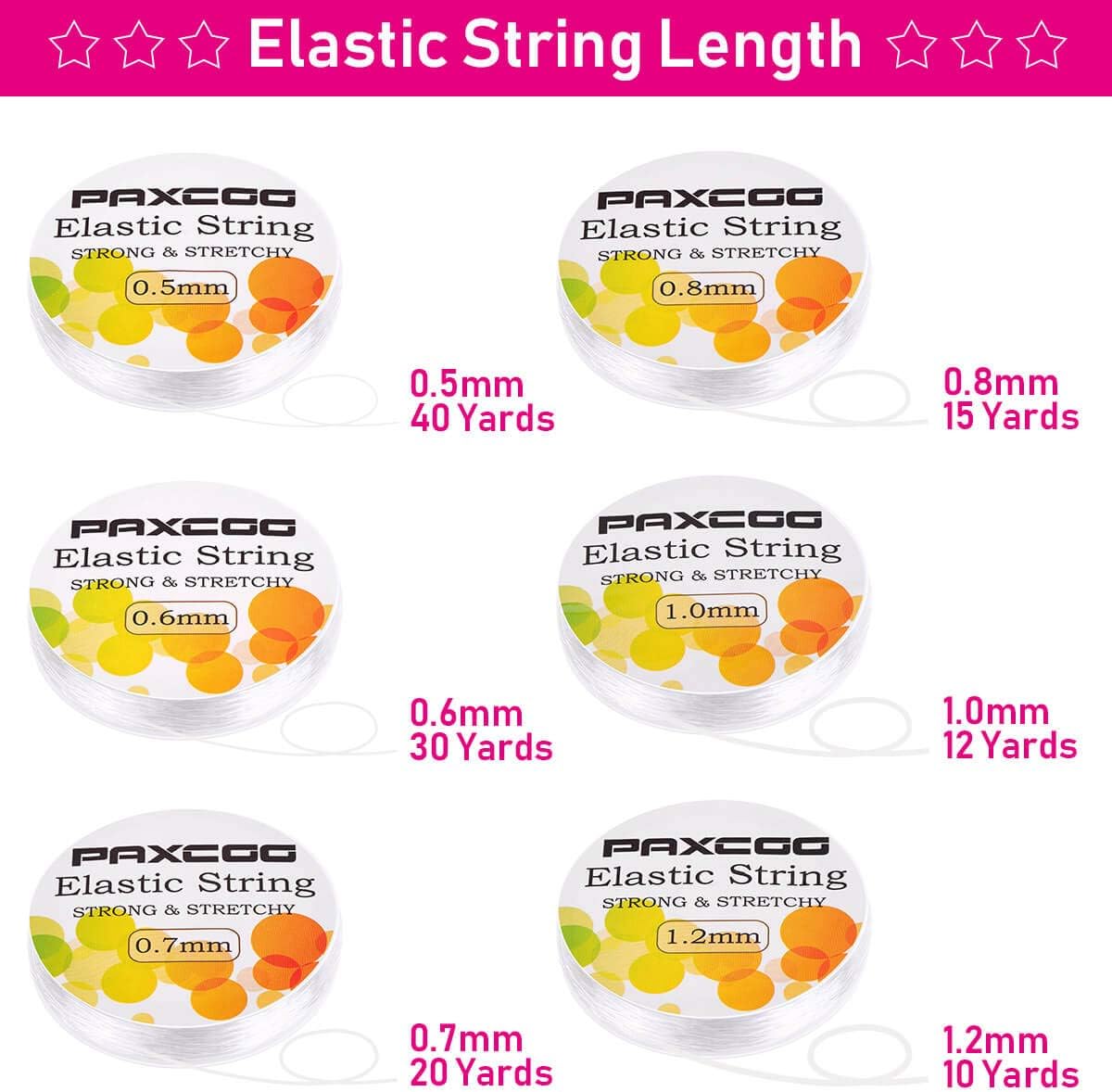 Elastic Thread for Jewelry Making, Paxcoo 6 Rolls Beading String for Bracelet Making, Clear Jewelry String Bracelet String with 2 Pcs Beading Needles for Bracelets and Jewelry Making (Assorted Sizes)