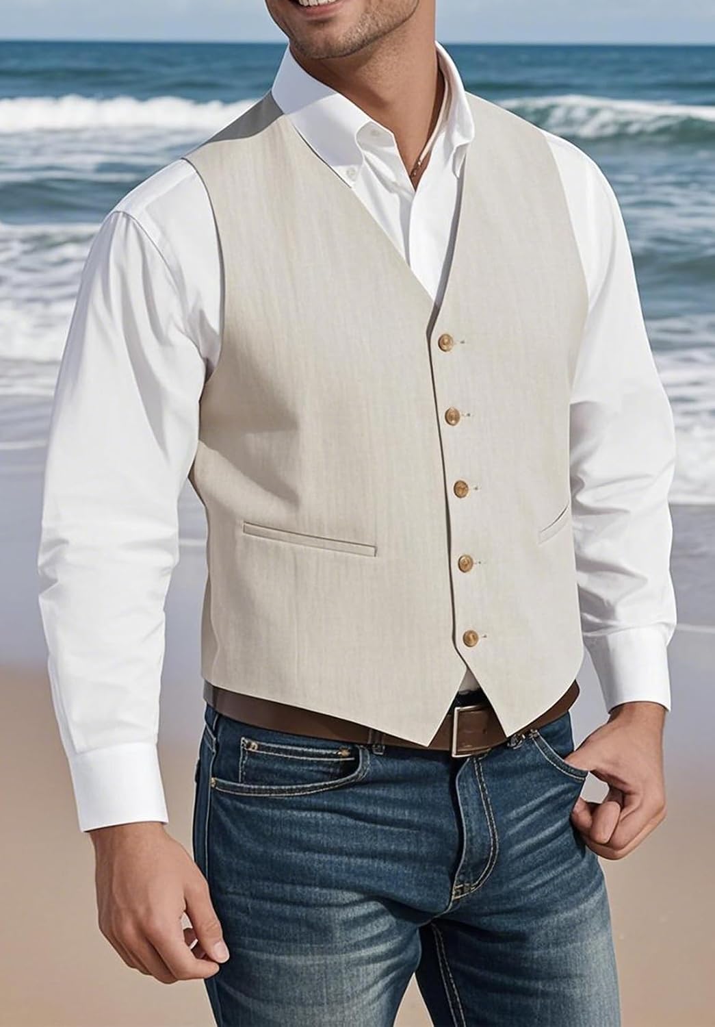Men's Lightweight Linen Suit Vest Slim Fit V-Neck Business Formal Waistcoat for Summer Wedding Groom Tuxedo Vest