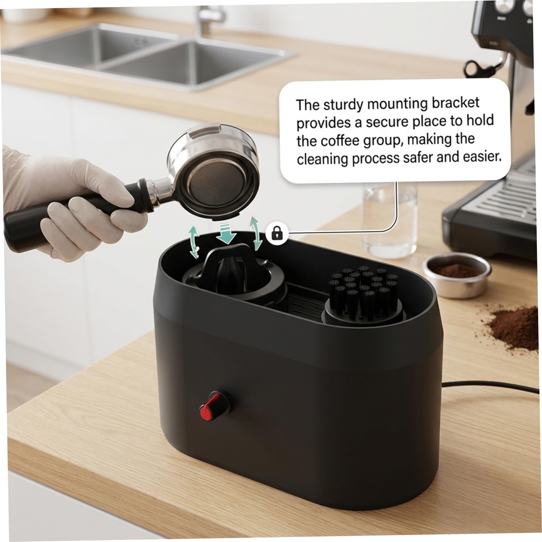 Limpiador automático de portafiltros, kit de limpieza de portafiltros de café |.Limpiador automático con cepillo exclusivo y soporte estable para de espresso