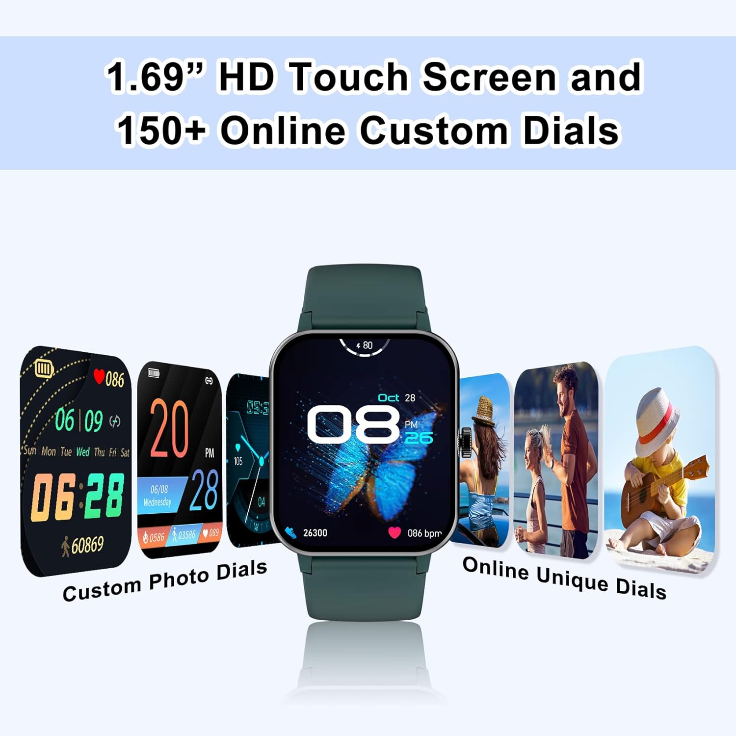 IOWODO R3 Pro Smart Watch displaying various custom and online watch faces