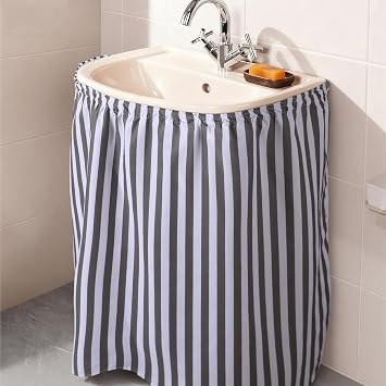 Hahafelt Self-Adhesive Sink Skirt, 55"x32" Waterproof Fabric Under Sink Cover with Diamond Stitch, Hide Pipes & Storage for Bathroom, Kitchen, Laundry Room, Rental Home DecorStripe