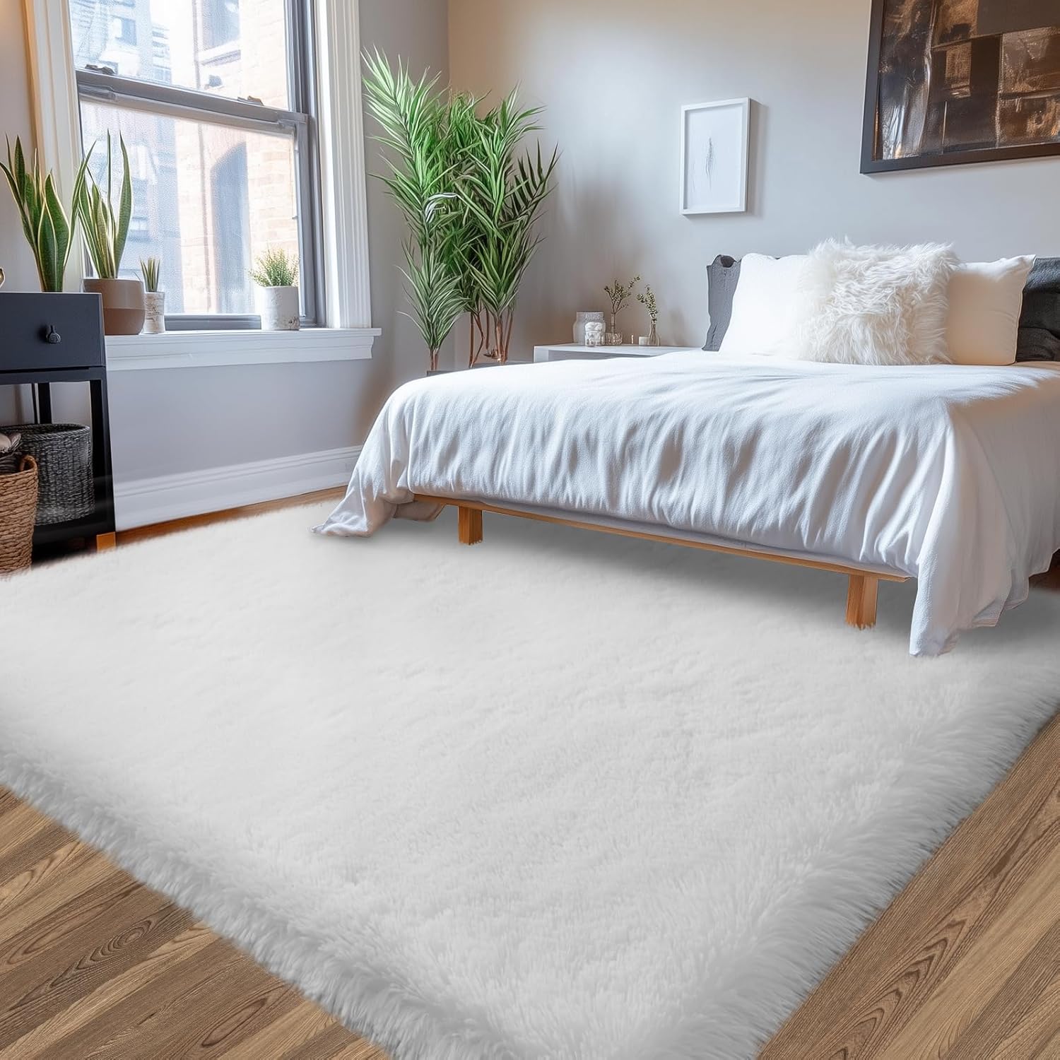 5x8 White Shag Rug: Fluffy Area Rugs for Bedroom & Living Room - Plush Indoor Shaggy Rug White 5' x 8' (Rectangular)