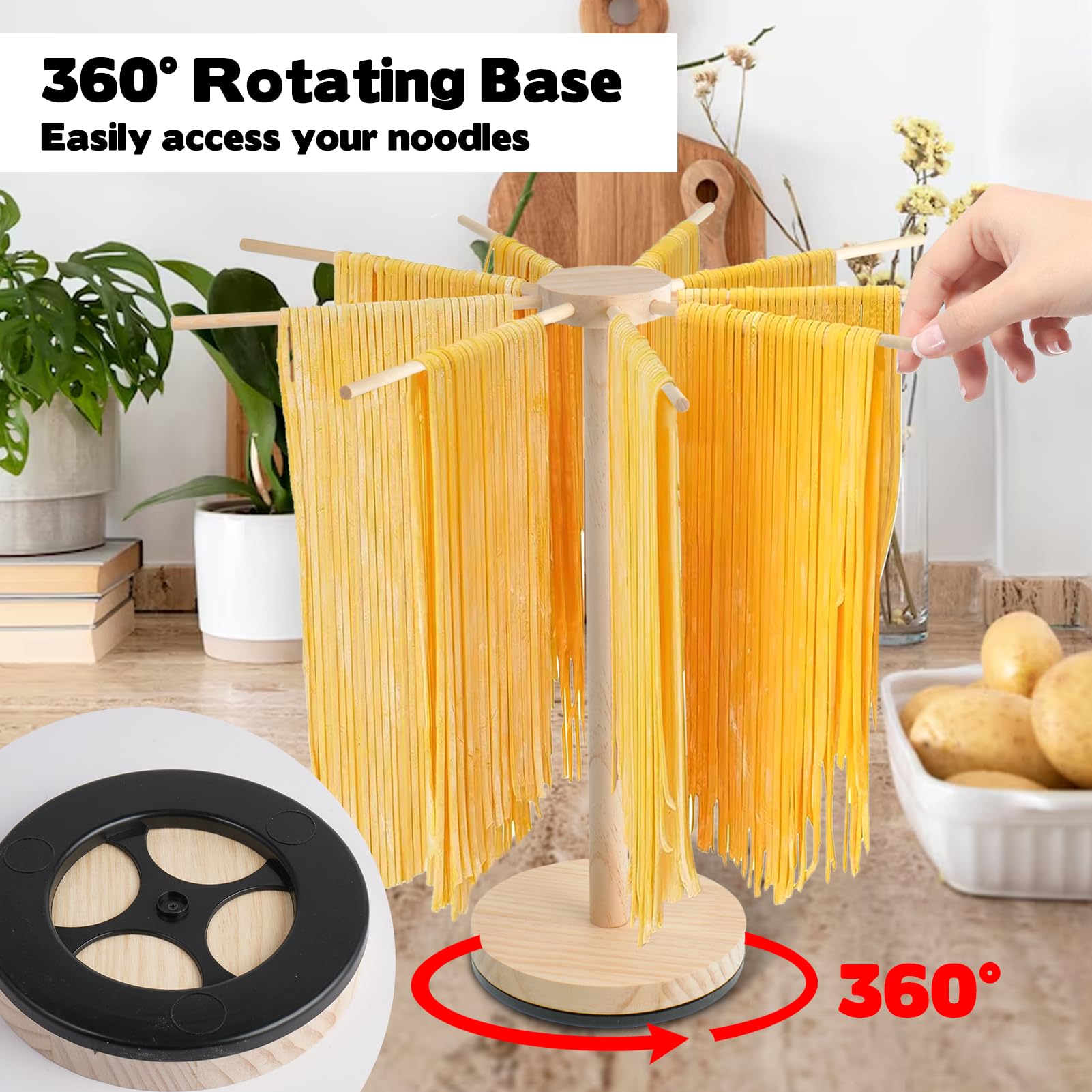 WANDGU Séchoir à pâtes en bois avec 9 bras amovibles, support pour pâtes jusqu'à 4,5 kg avec socle, support pour pâtes à la maison