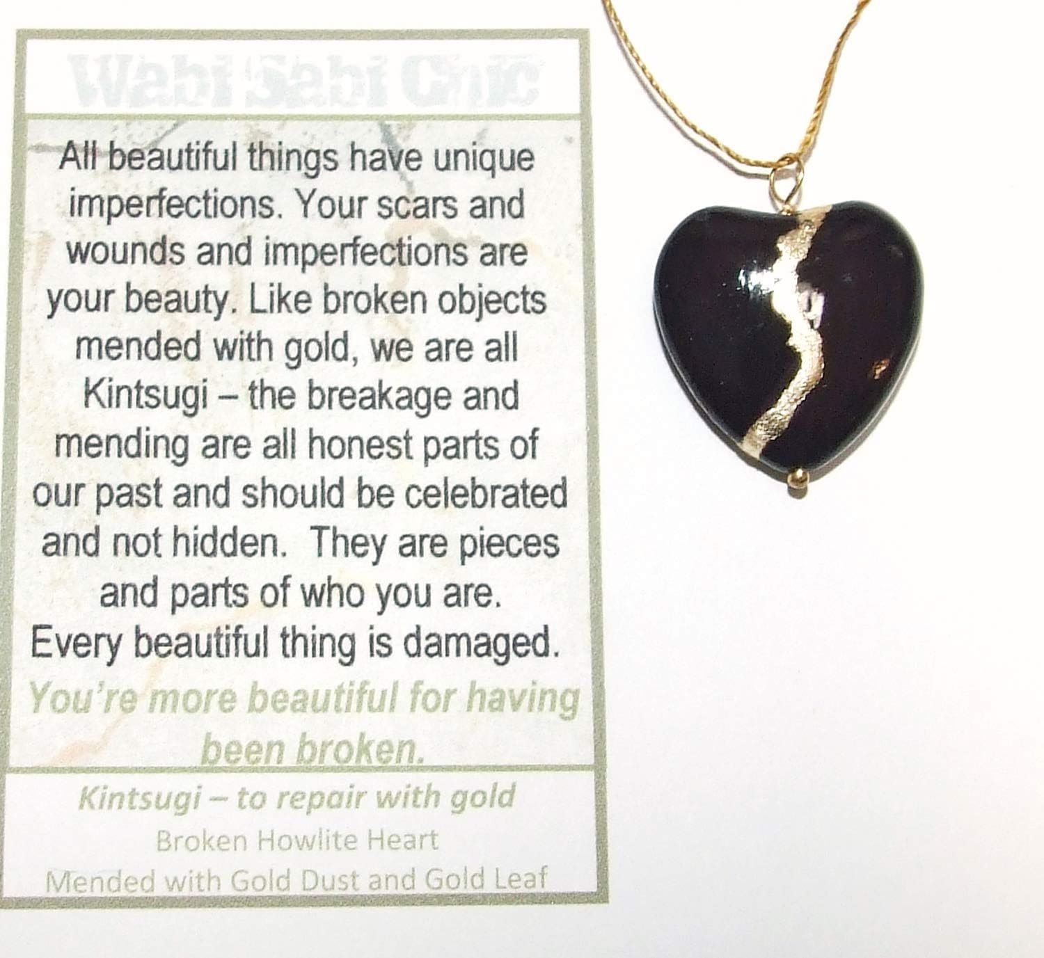 Large 1" Black Howlite Broken Heart Mended with 23k Gold, Kintsugi Cord Necklace