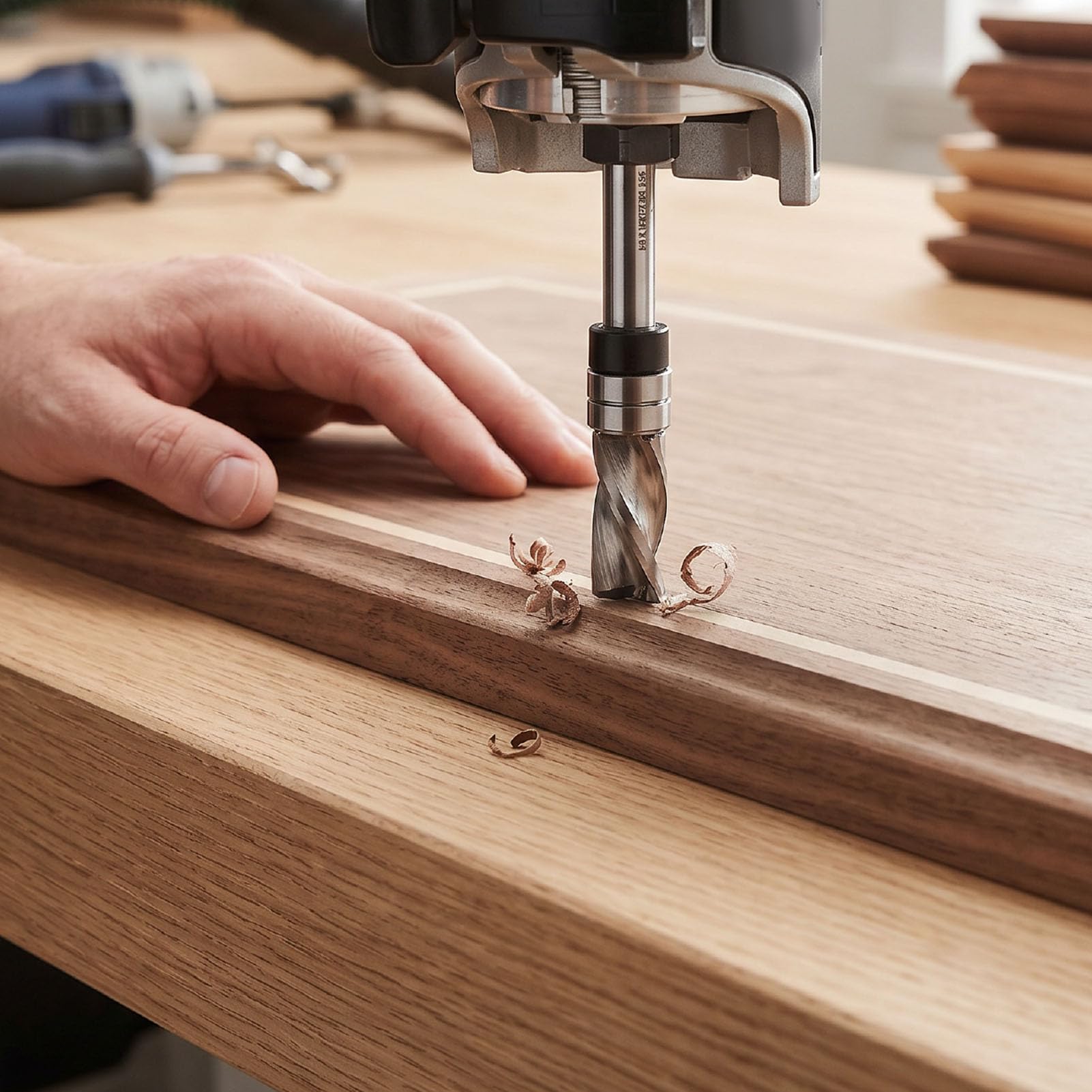 Eujgoov Fresa de Corte de 3/4 Pulgadas para Enrasar, 3/8 Pulgadas de Diámetro de Corte 3 Flautas de Descendente con Rodamiento Guía para Madera Contrachapada y Madera Maciza