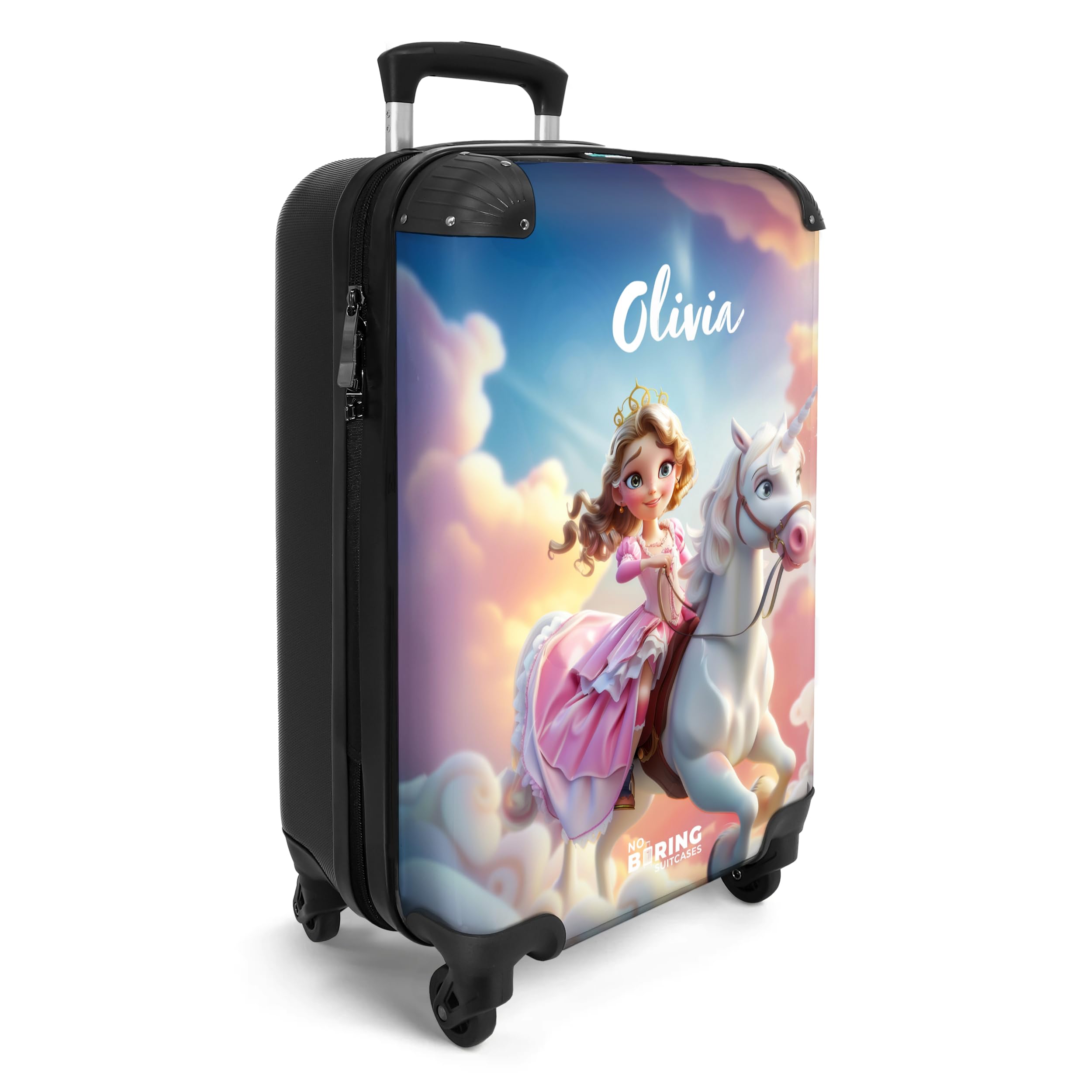 NoBoringSuitcases.com Valise Enfant Cabine Personnalisable, Bagages Fille, Roulette 55x35x25cm (Princesse, Licorne - Rose-Blanc)